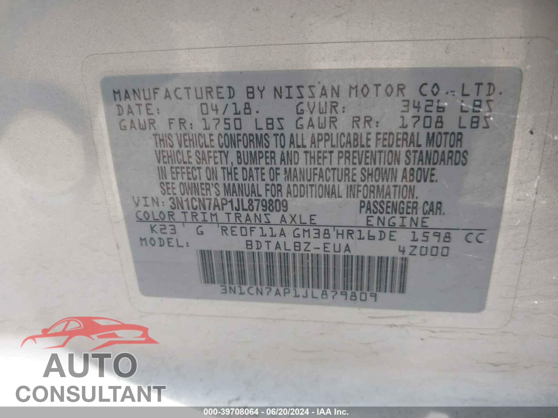 NISSAN VERSA 2018 - 3N1CN7AP1JL879809