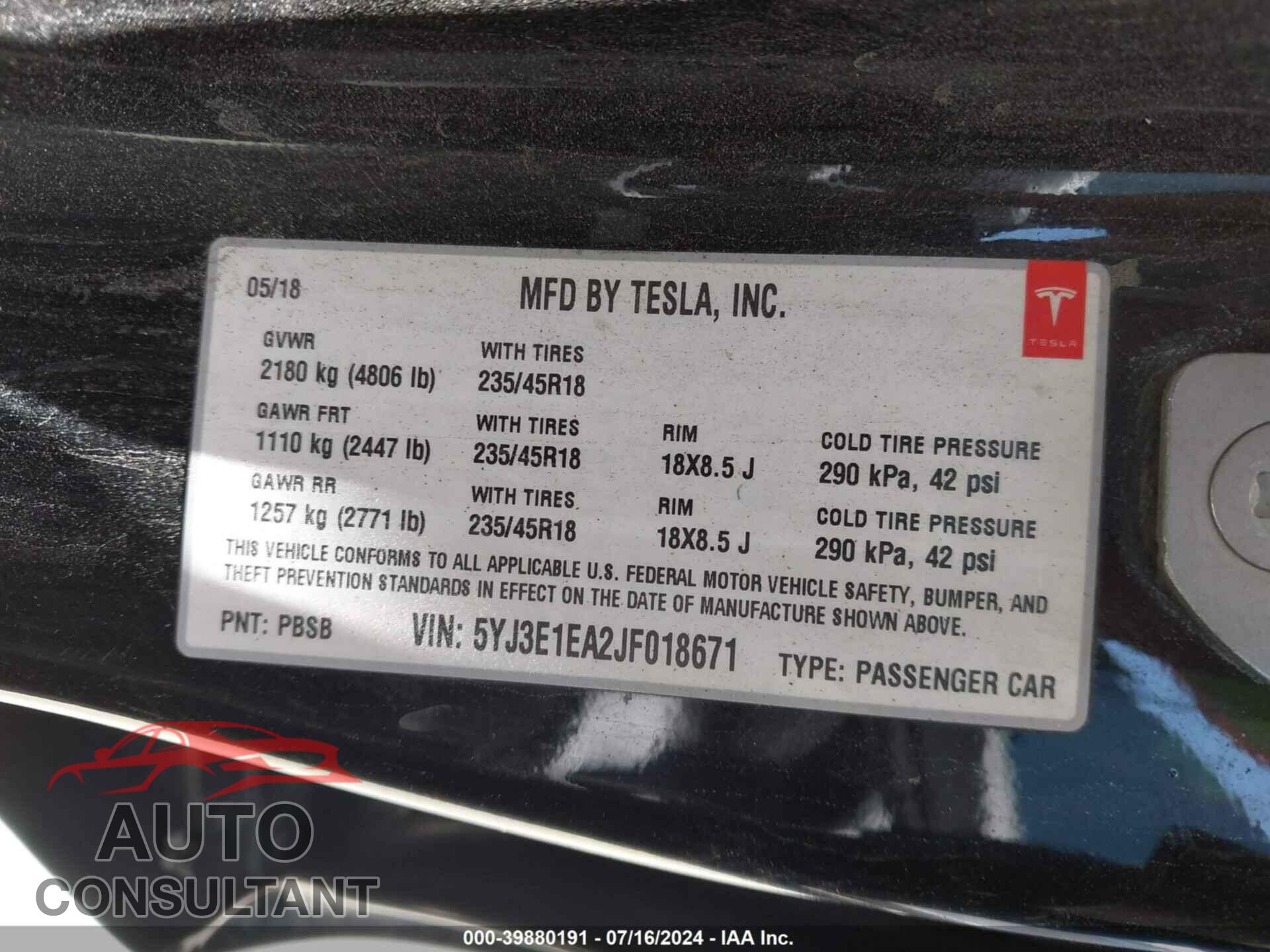 TESLA MODEL 3 2018 - 5YJ3E1EA2JF018671