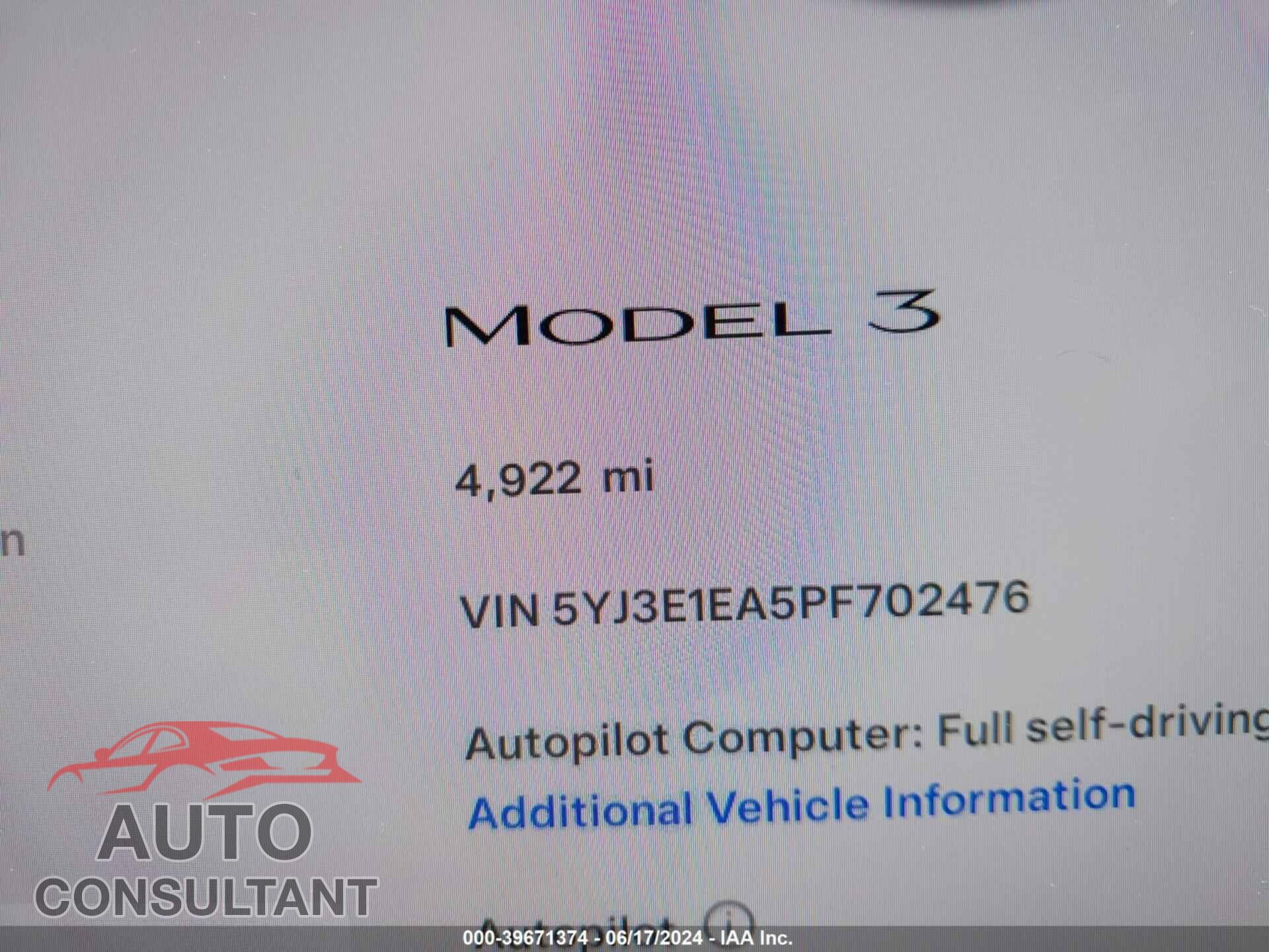 TESLA MODEL 3 2023 - 5YJ3E1EA5PF702476