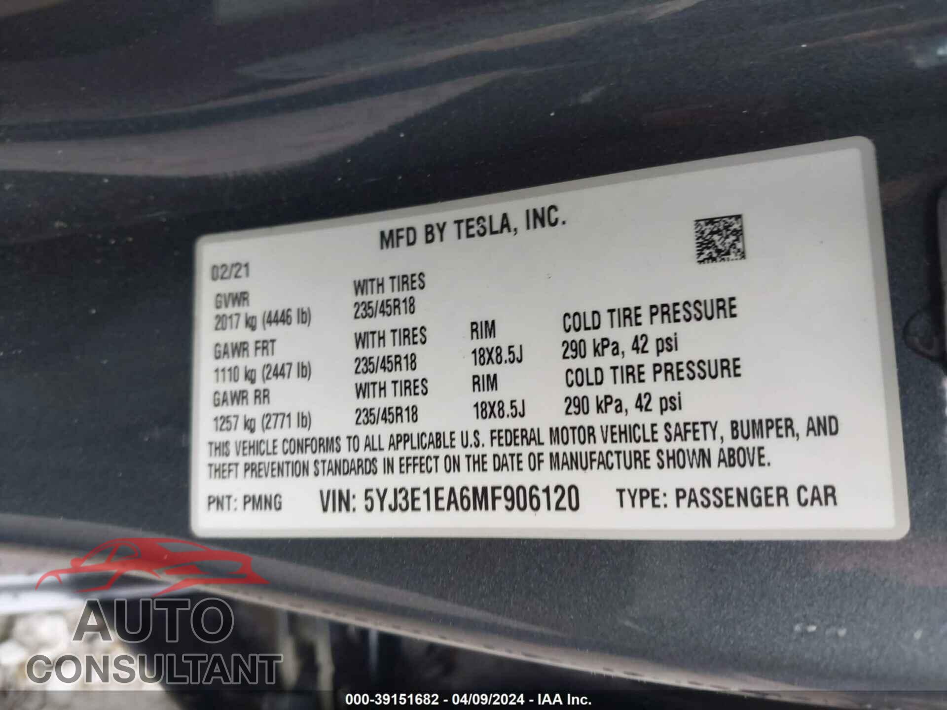 TESLA MODEL 3 2021 - 5YJ3E1EA6MF906120