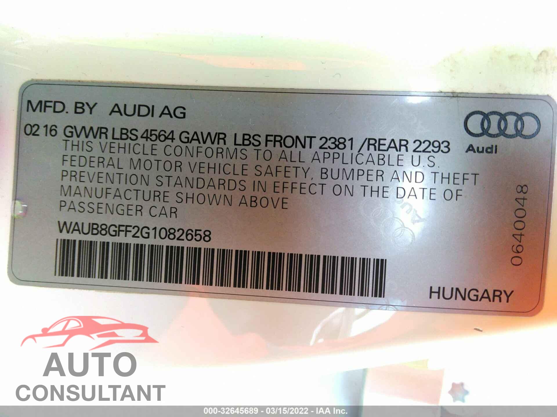 AUDI A3 2016 - WAUB8GFF2G1082658