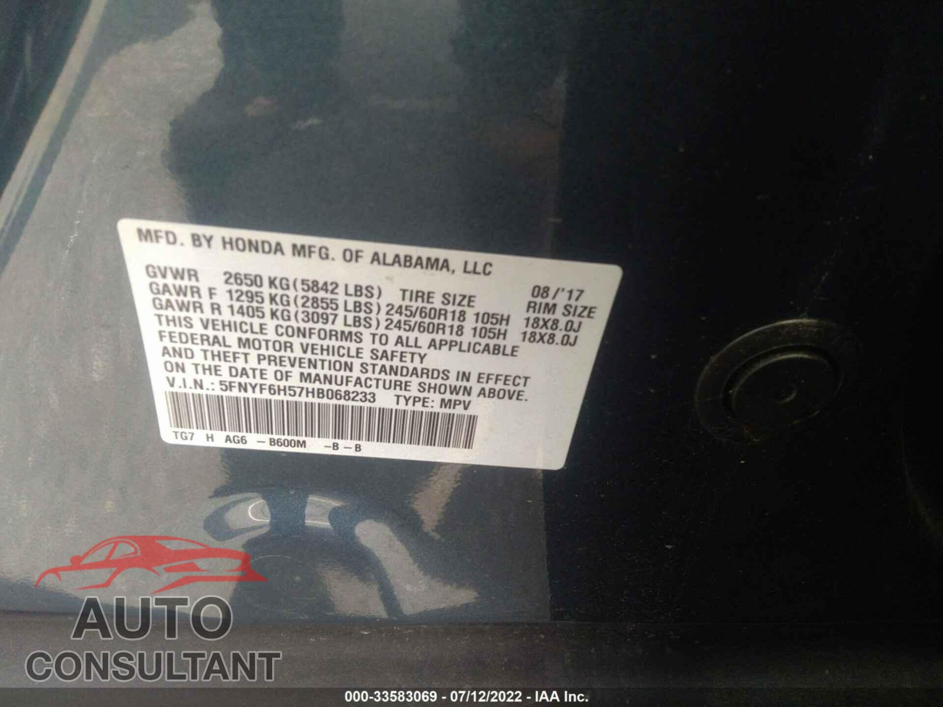 HONDA PILOT 2017 - 5FNYF6H57HB068233