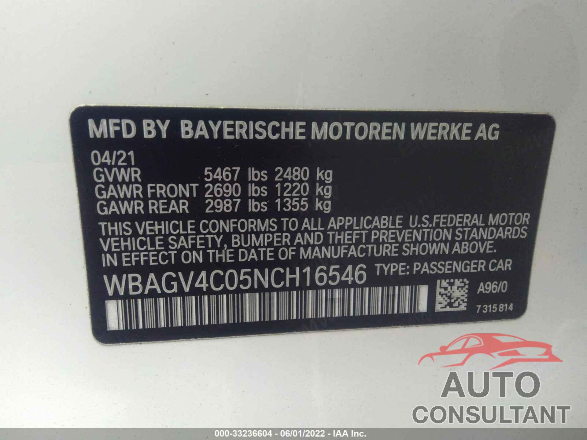 BMW 8 SERIES 2022 - WBAGV4C05NCH16546