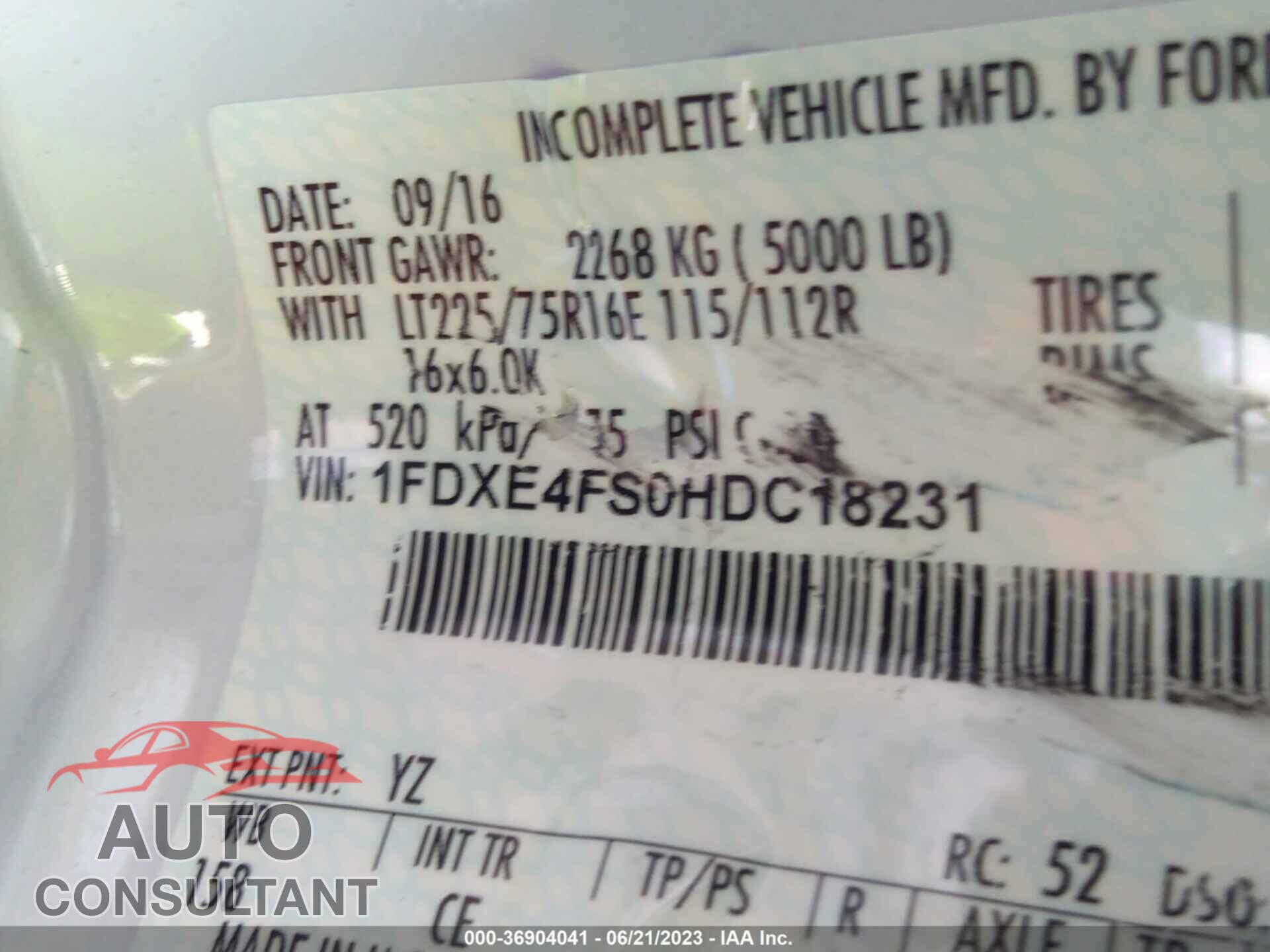 FORD E-450 CUTAWAY 2017 - 1FDXE4FS0HDC18231