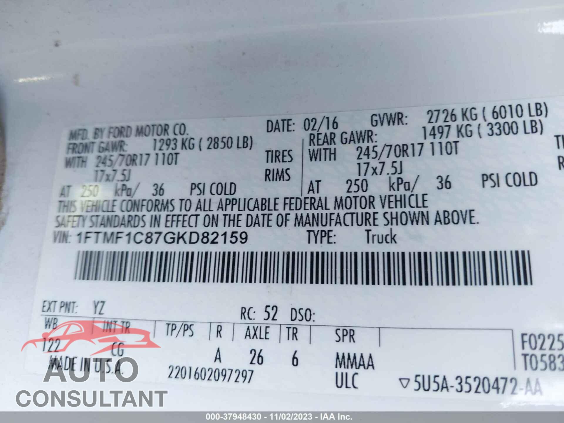 FORD F150 2016 - 1FTMF1C87GKD82159