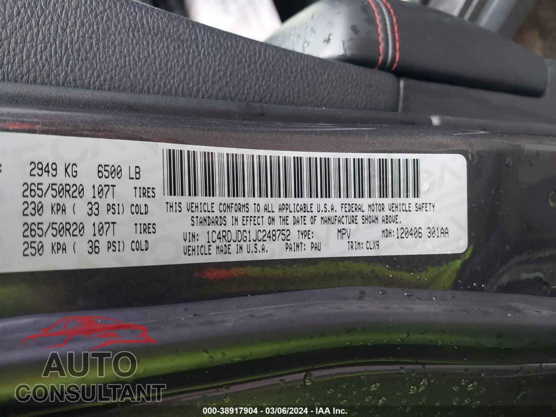 DODGE DURANGO 2018 - 1C4RDJDG1JC248752