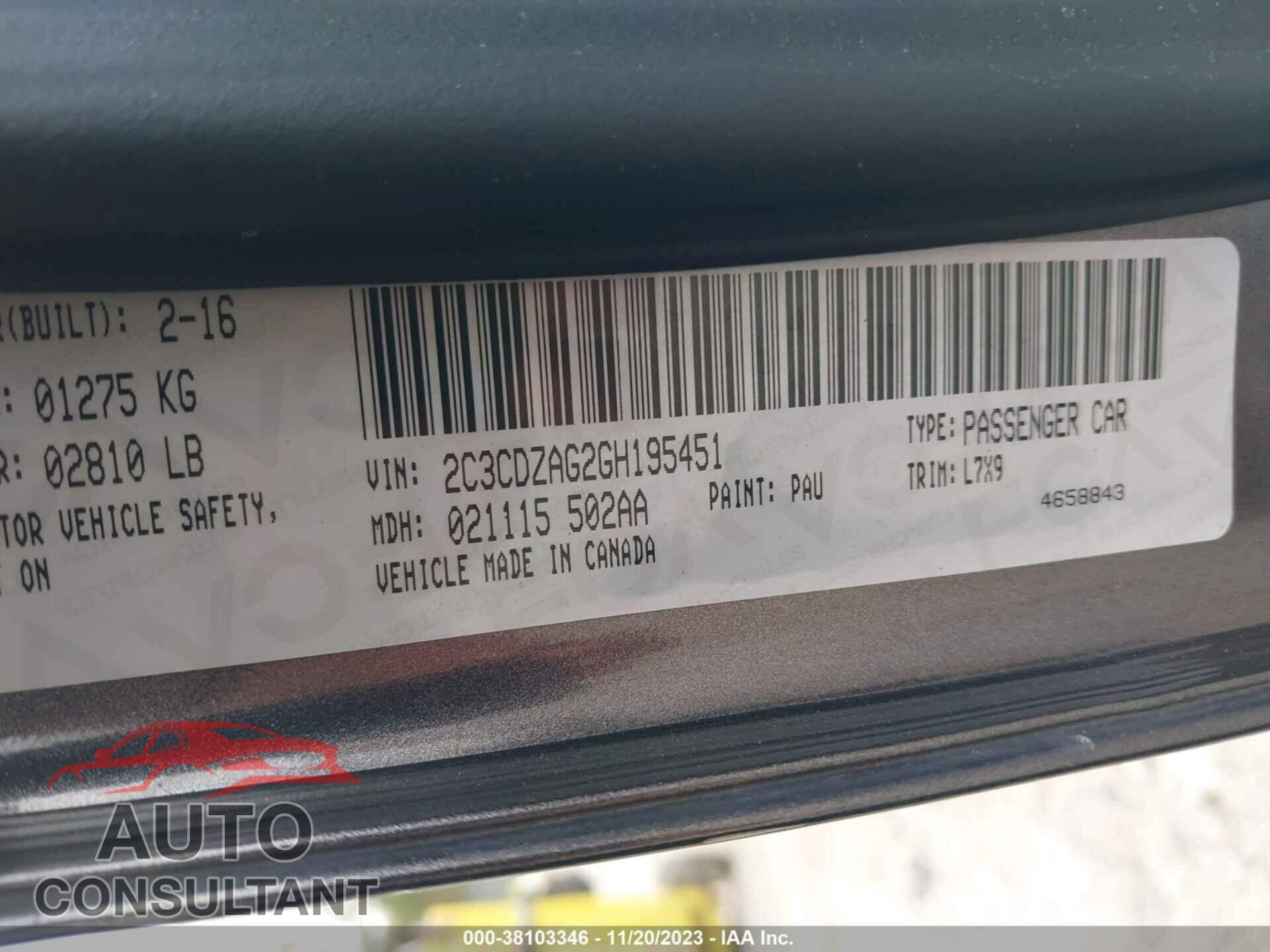 DODGE CHALLENGER 2016 - 2C3CDZAG2GH195451