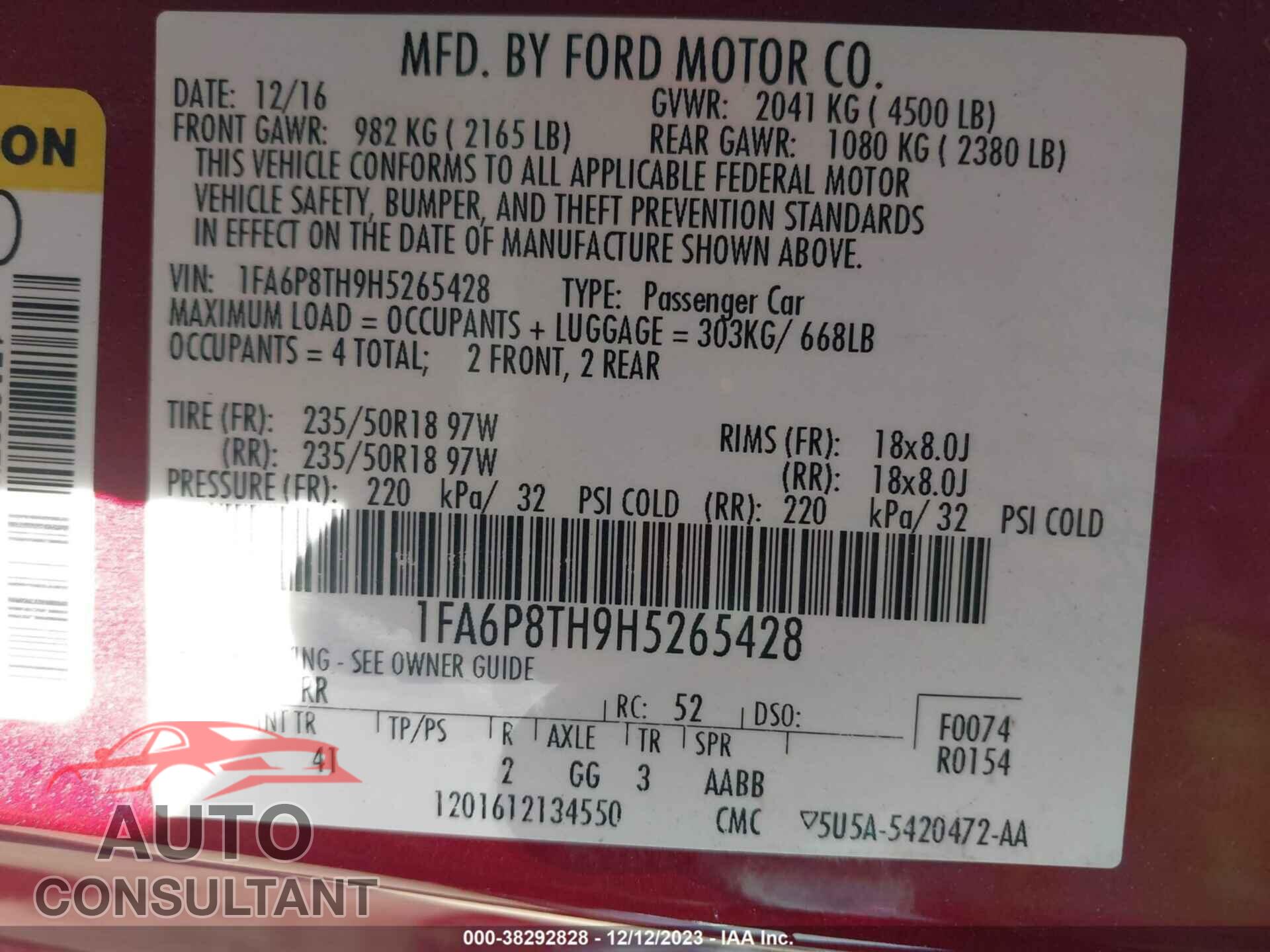 FORD MUSTANG 2017 - 1FA6P8TH9H5265428