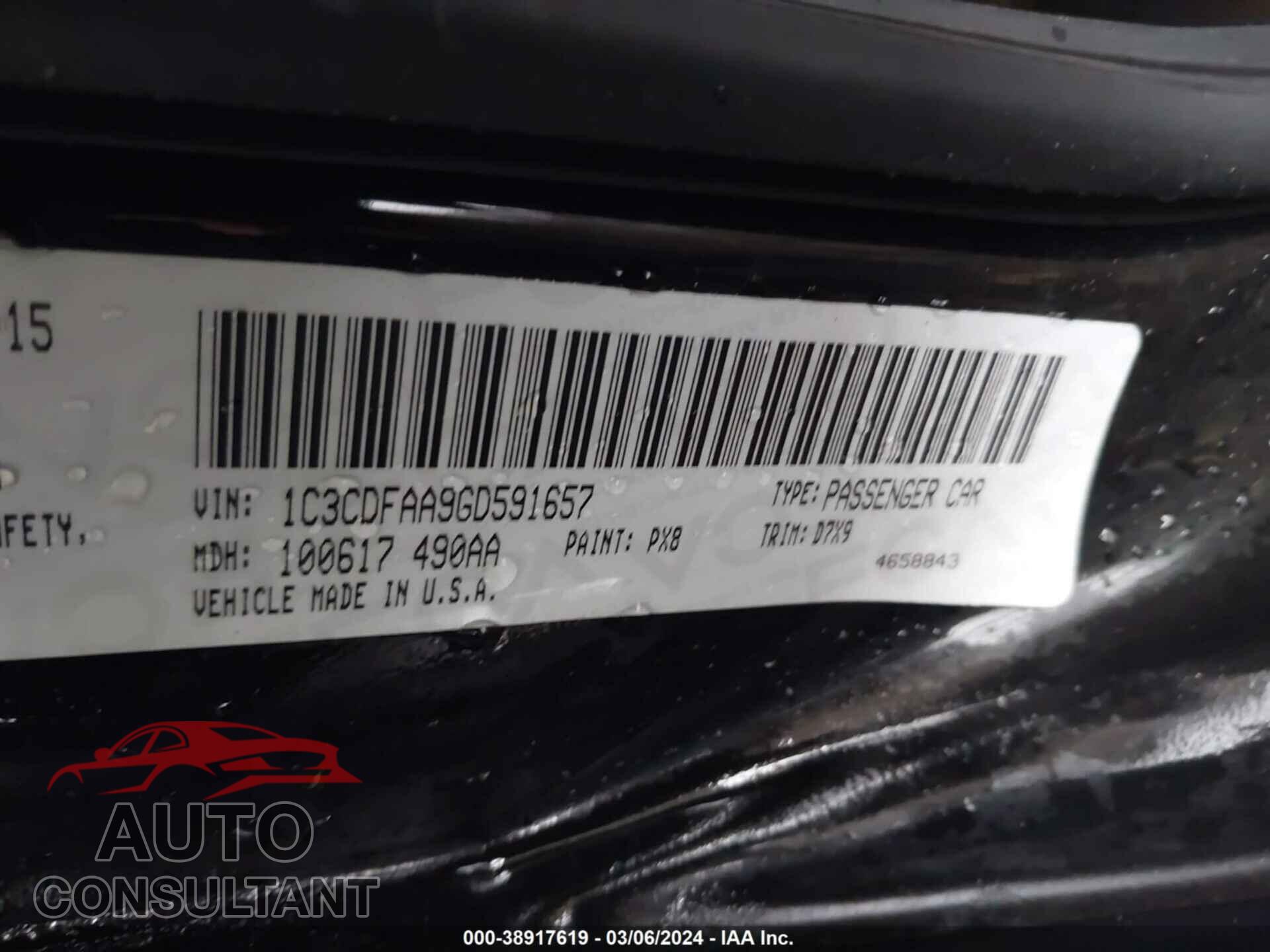 DODGE DART 2016 - 1C3CDFAA9GD591657