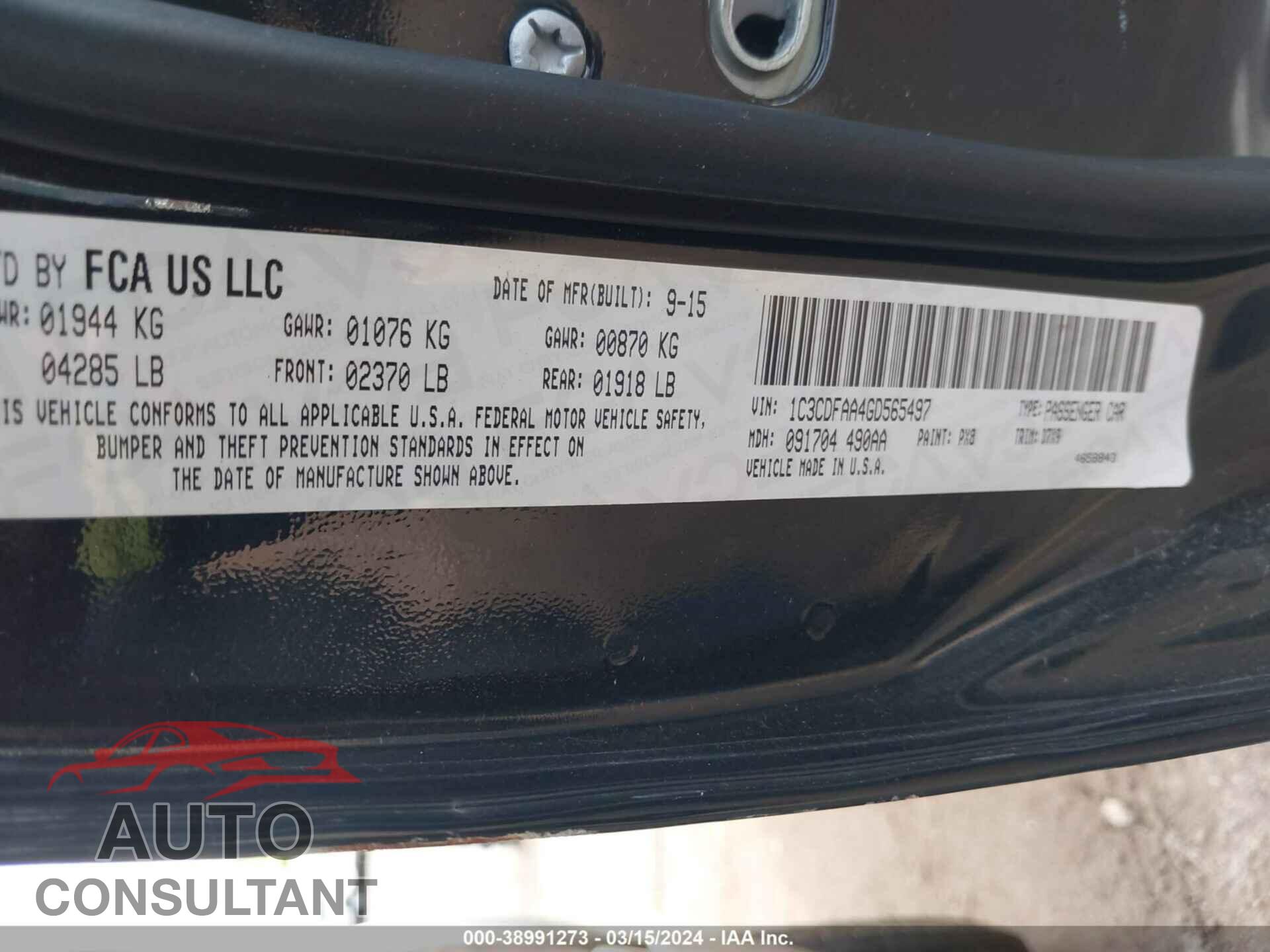 DODGE DART 2016 - 1C3CDFAA4GD565497