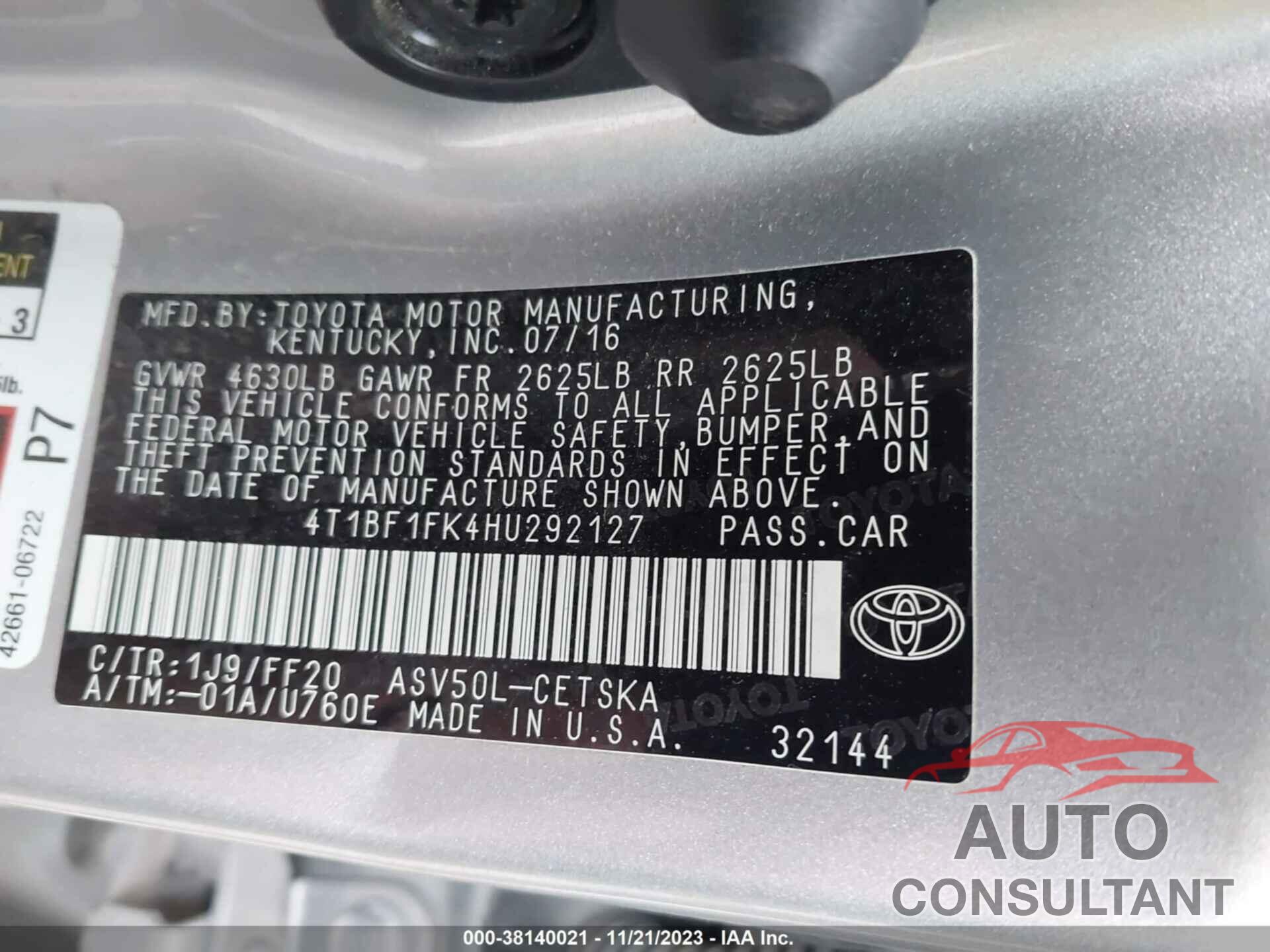 TOYOTA CAMRY 2017 - 4T1BF1FK4HU292127