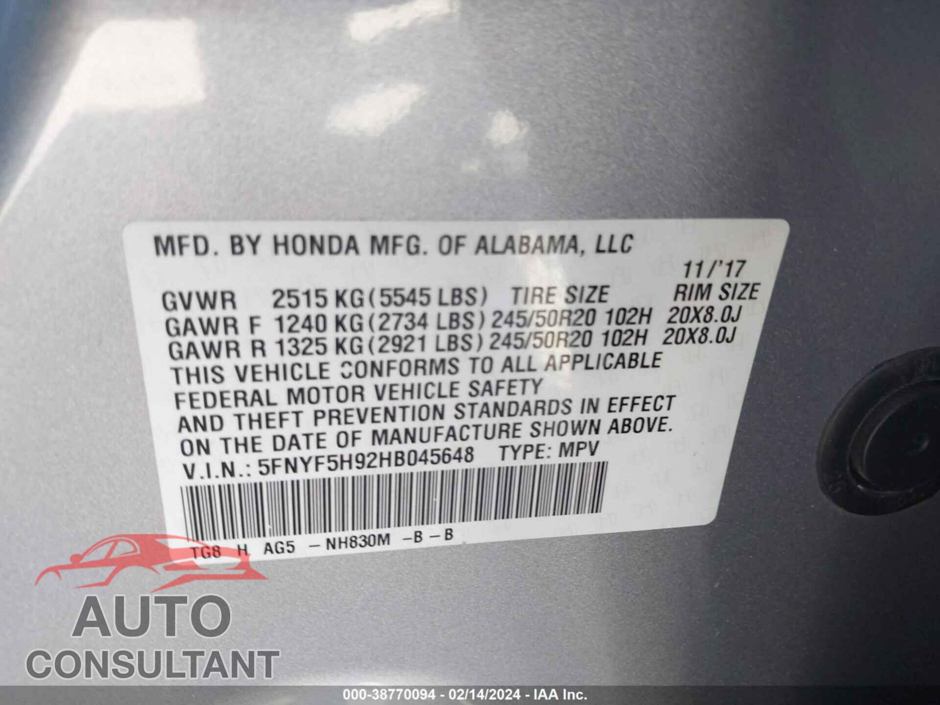 HONDA PILOT 2017 - 5FNYF5H92HB045648