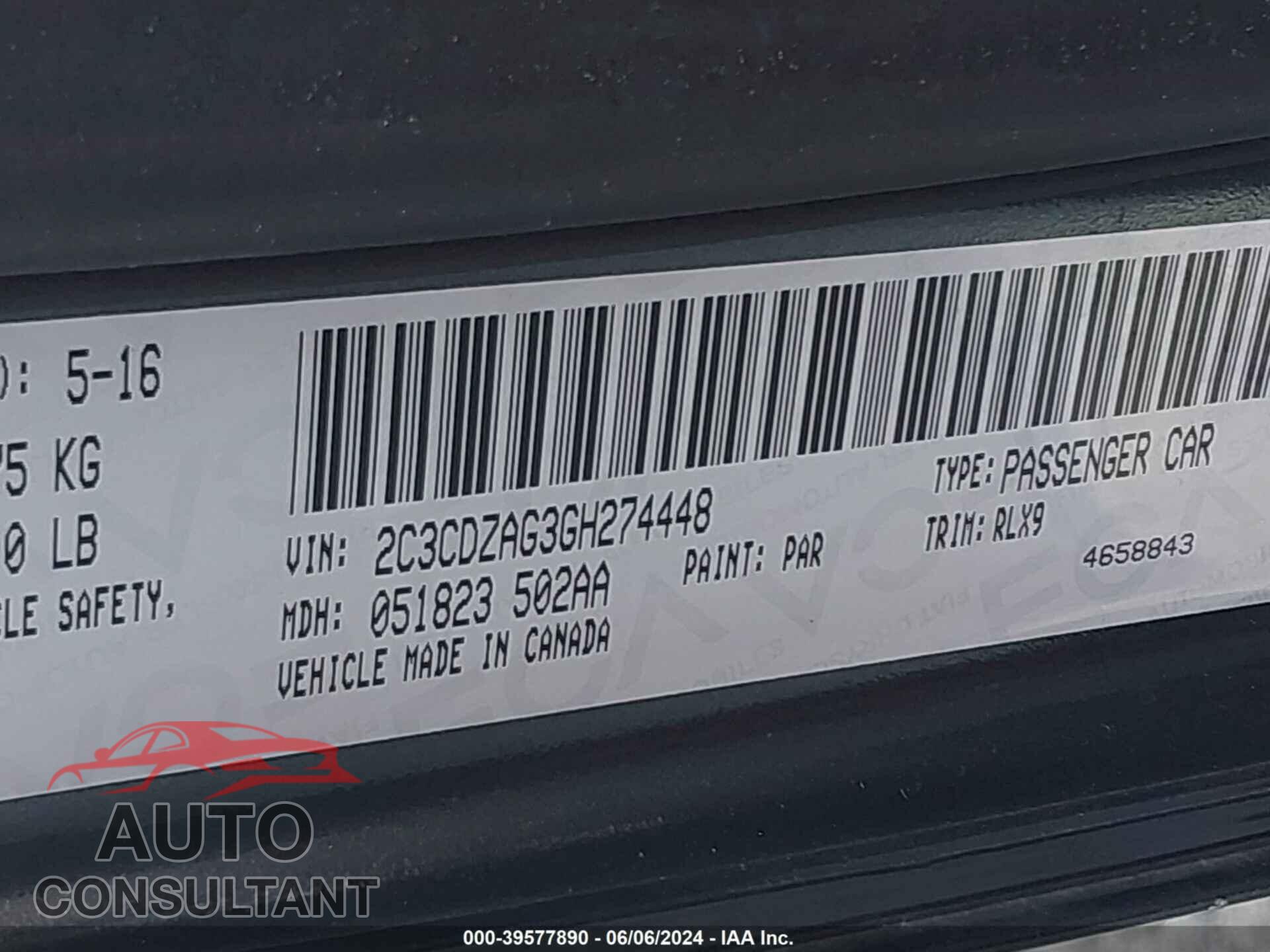 DODGE CHALLENGER 2016 - 2C3CDZAG3GH274448