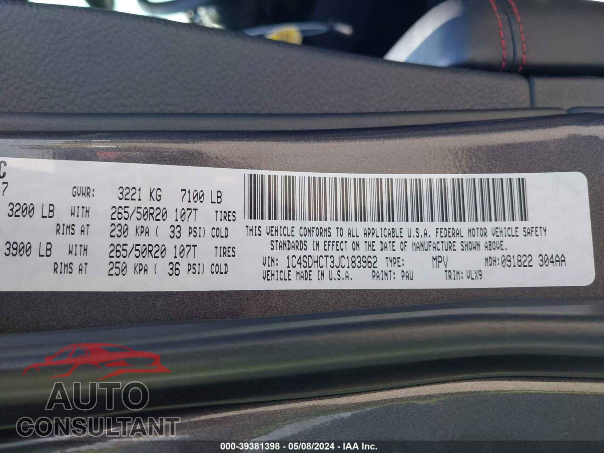 DODGE DURANGO 2018 - 1C4SDHCT3JC183962