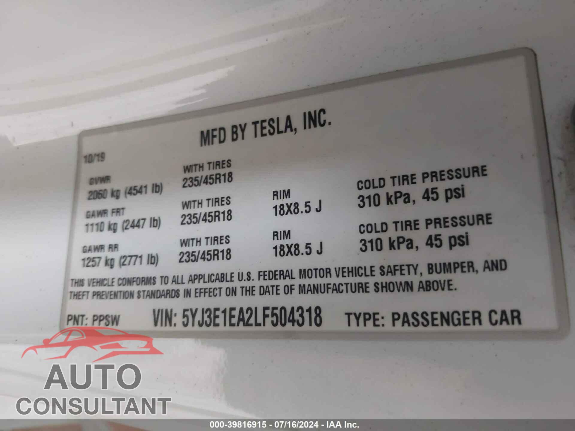 TESLA MODEL 3 2020 - 5YJ3E1EA2LF504318