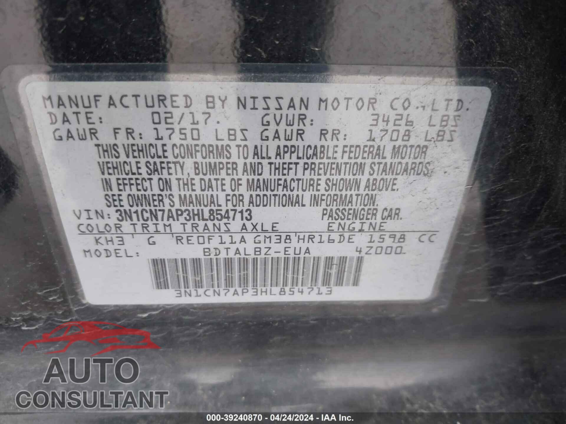 NISSAN VERSA 2017 - 3N1CN7AP3HL854713
