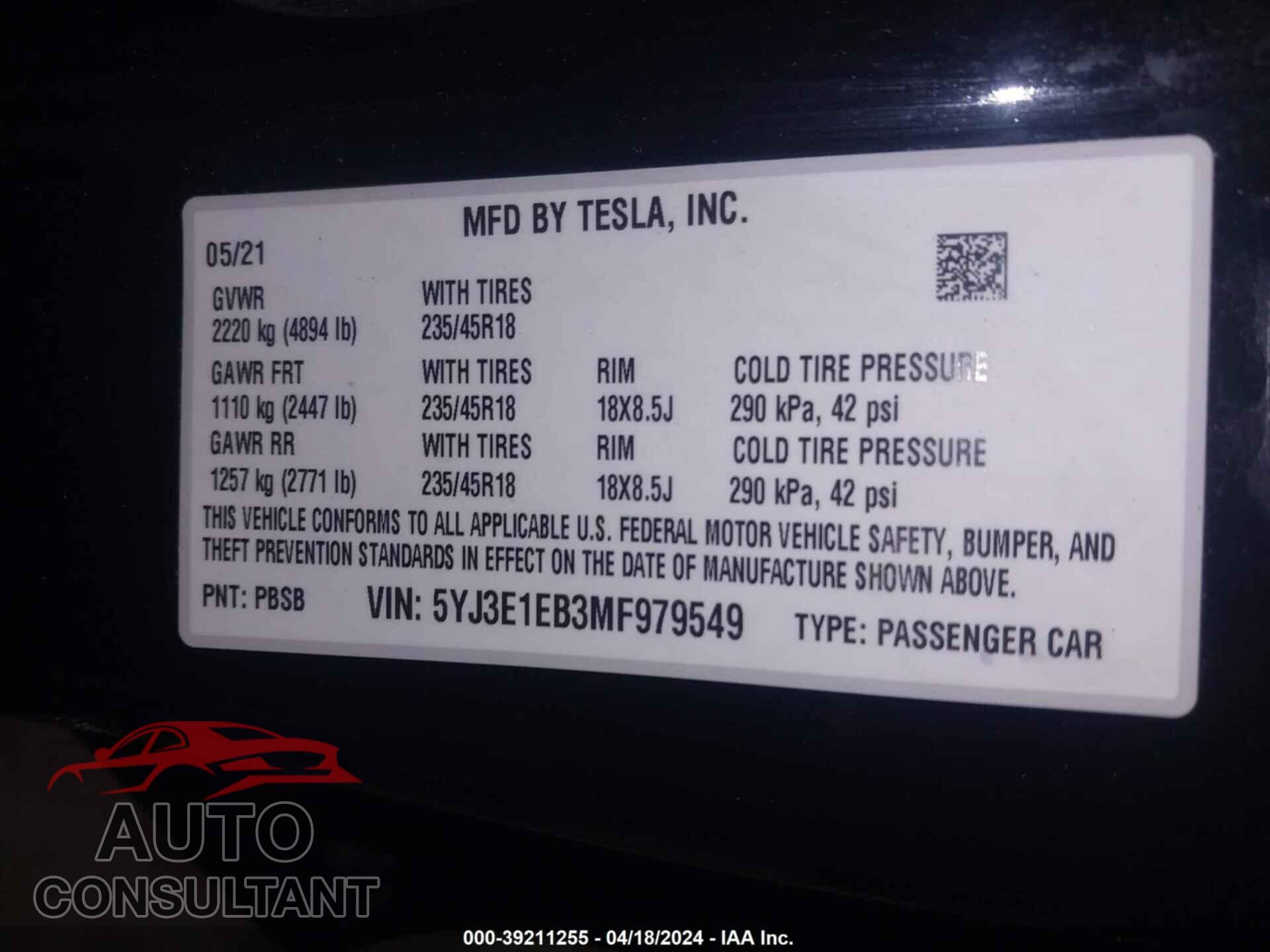 TESLA MODEL 3 2021 - 5YJ3E1EB3MF979549