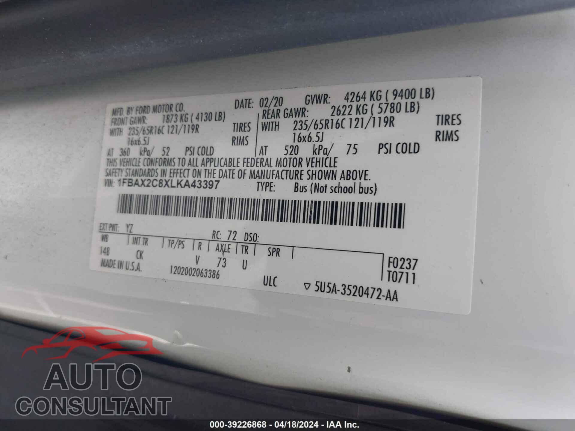 FORD TRANSIT 2020 - 1FBAX2C8XLKA43397