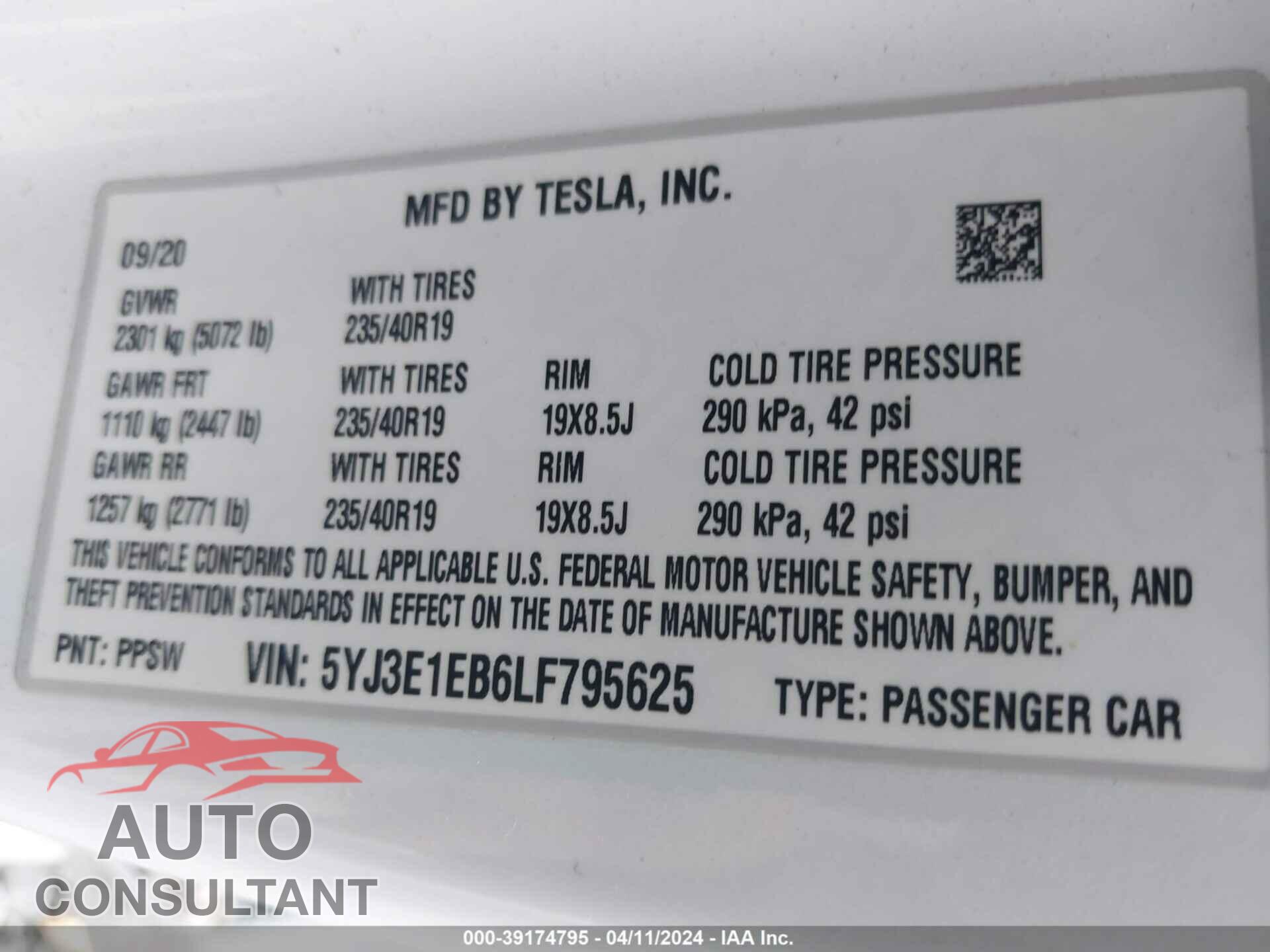 TESLA MODEL 3 2020 - 5YJ3E1EB6LF795625