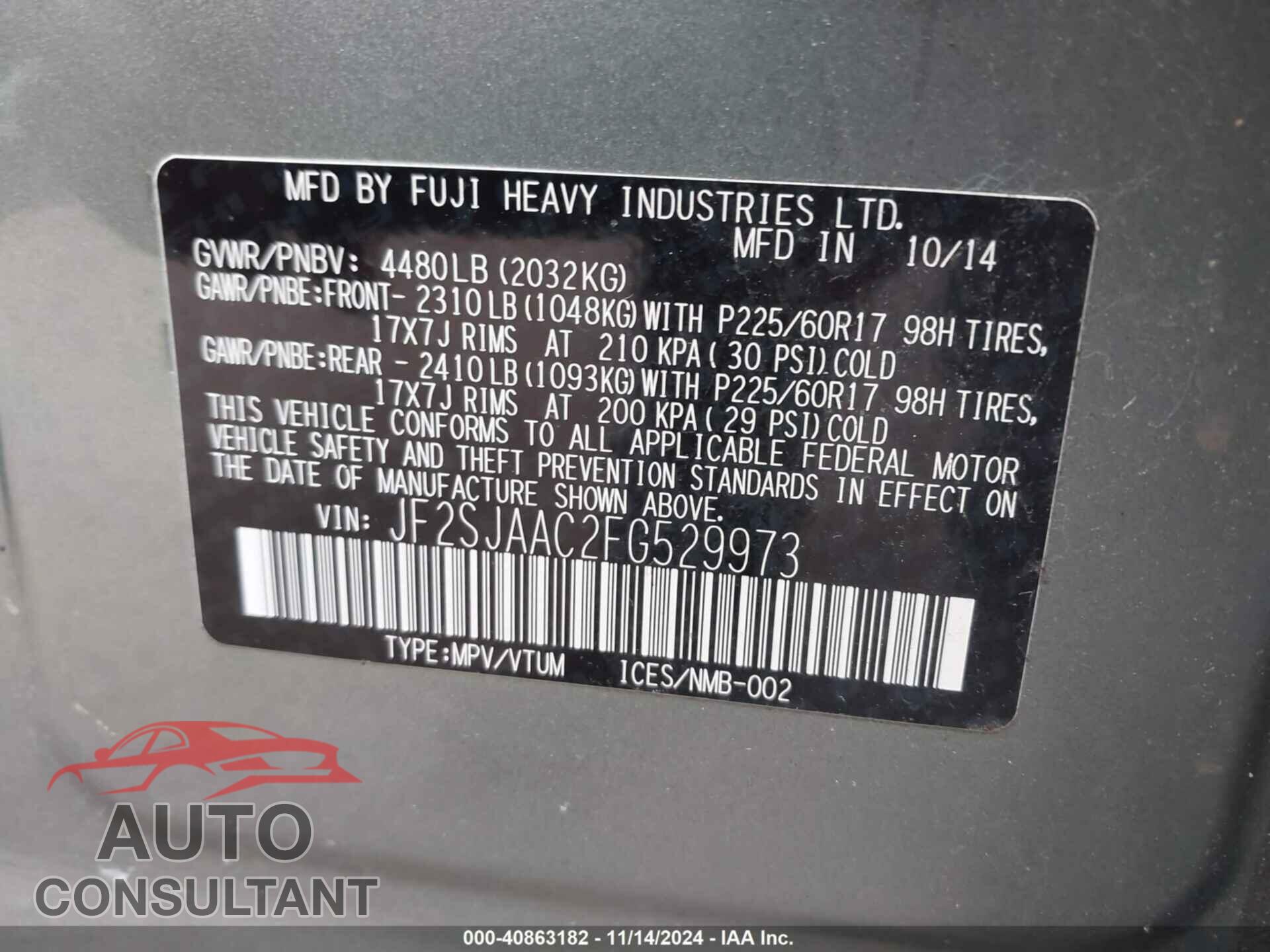 SUBARU FORESTER 2015 - JF2SJAAC2FG529973