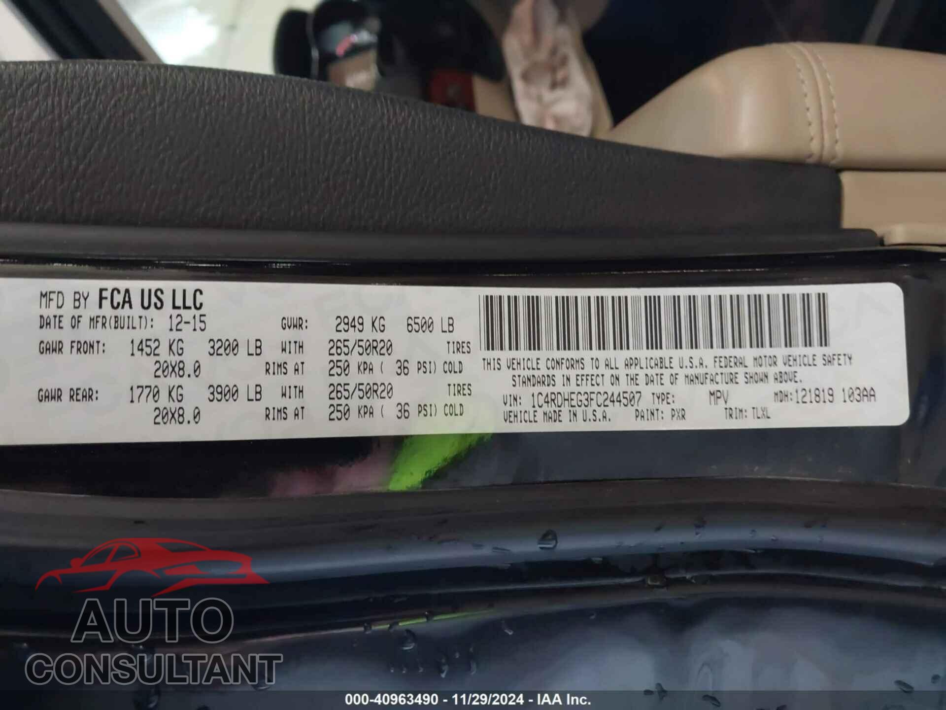 DODGE DURANGO 2015 - 1C4RDHEG3FC244507