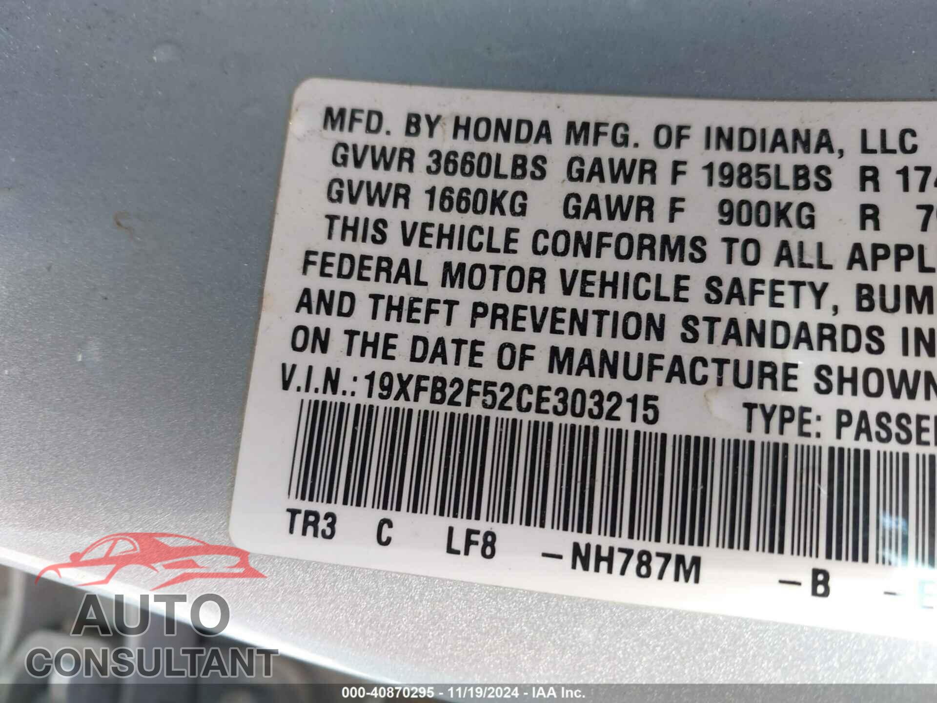 HONDA CIVIC 2012 - 19XFB2F52CE303215