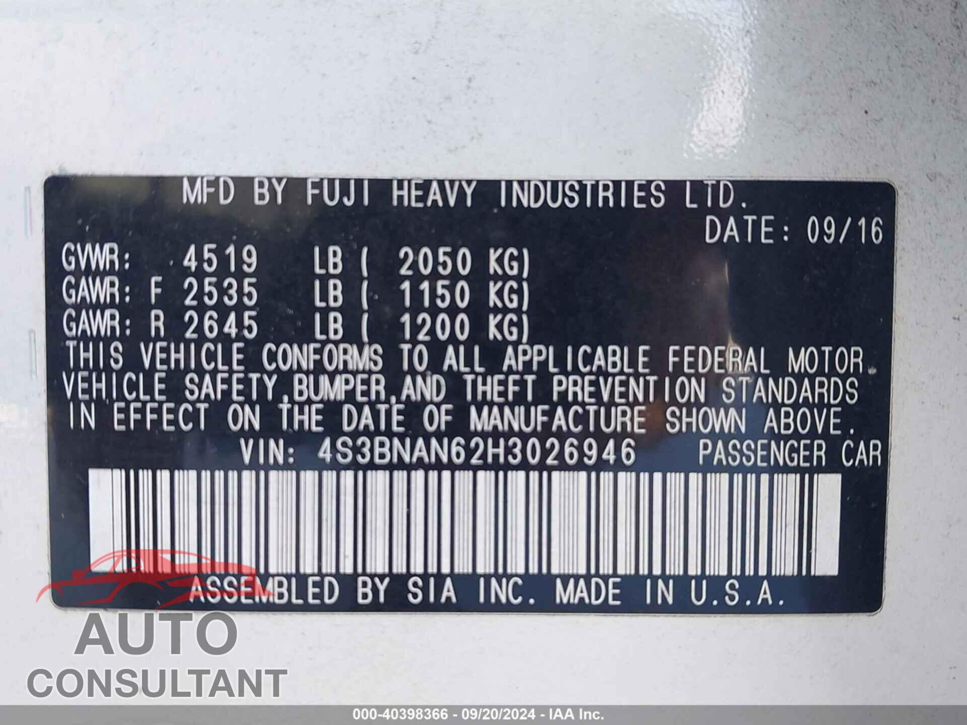 SUBARU LEGACY 2017 - 4S3BNAN62H3026946