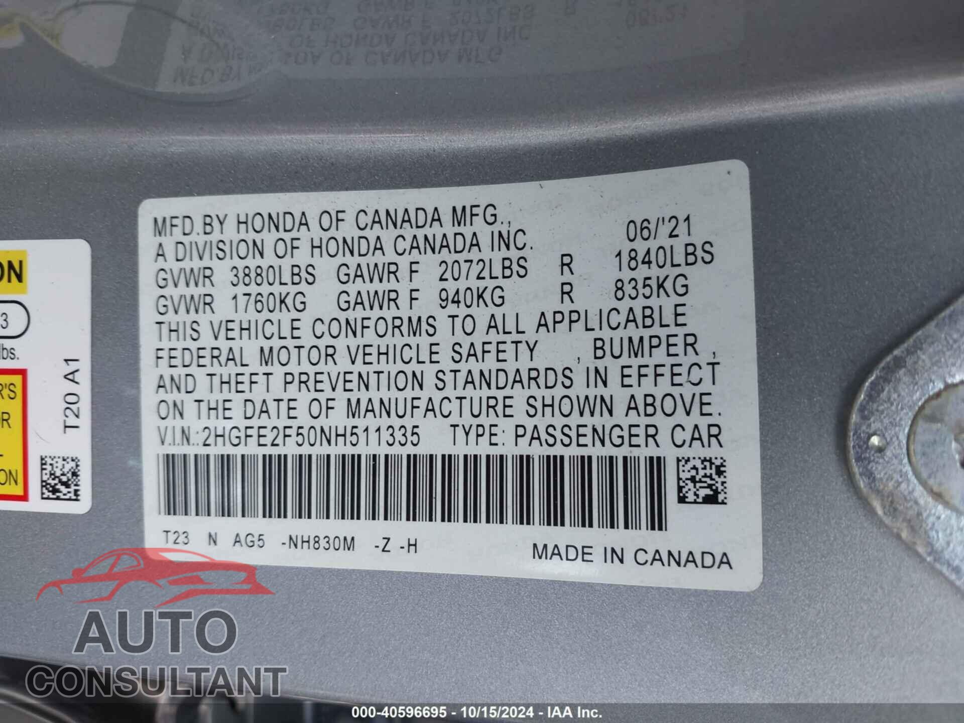 HONDA CIVIC 2022 - 2HGFE2F50NH511335