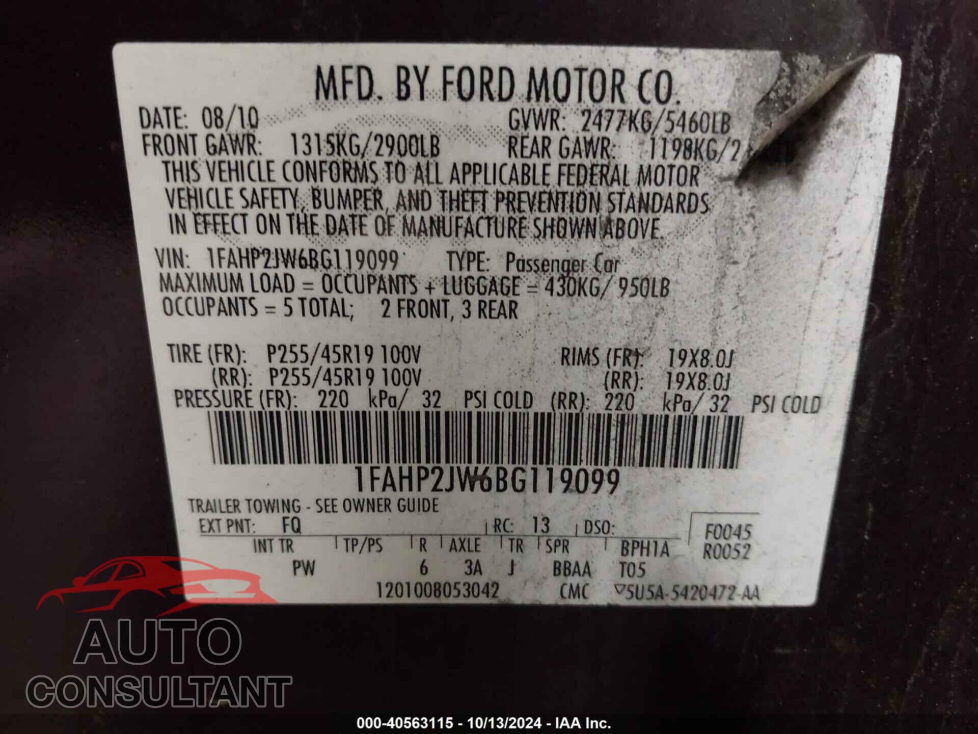 FORD TAURUS 2011 - 1FAHP2JW6BG119099