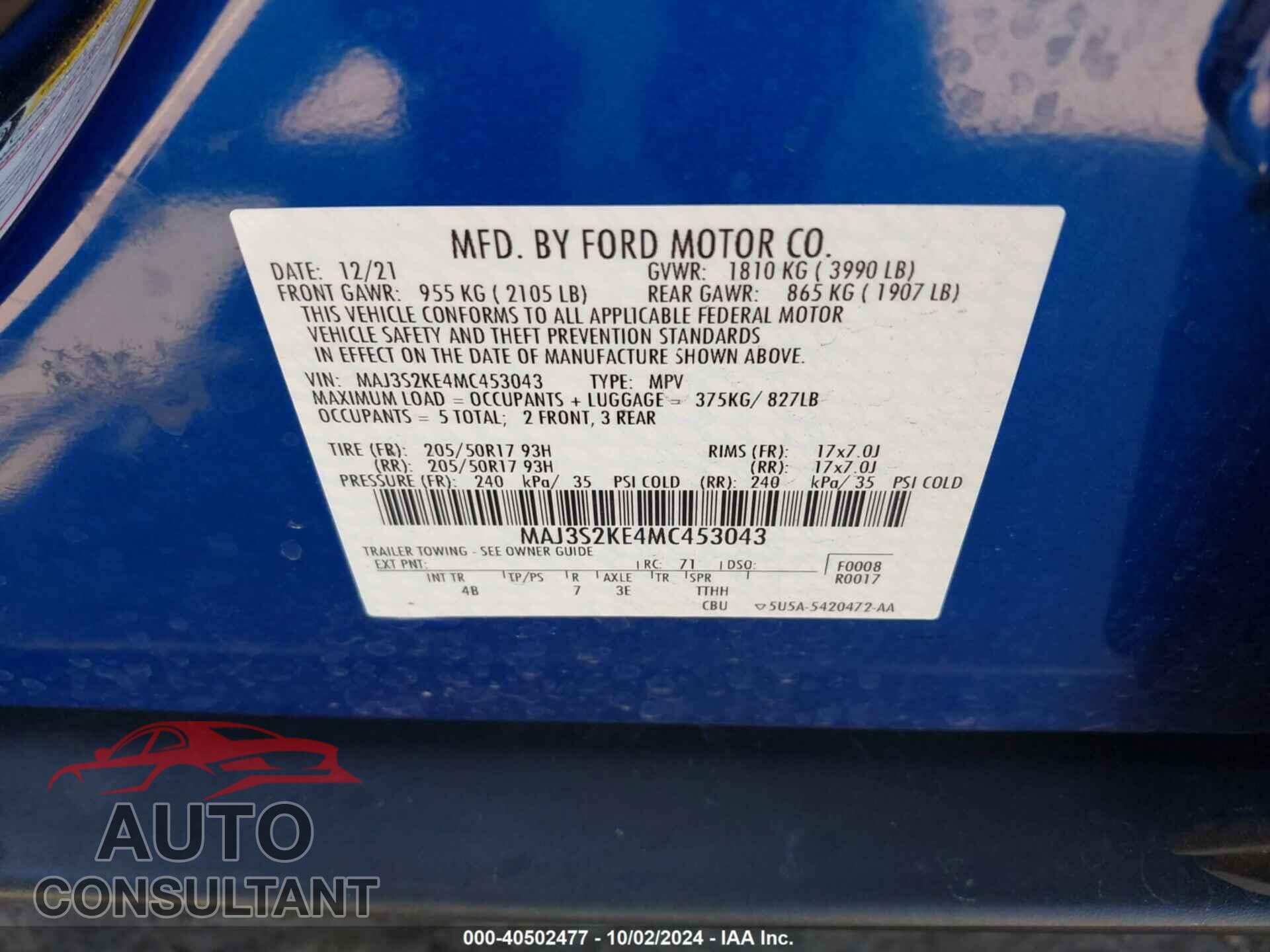 FORD ECOSPORT 2021 - MAJ3S2KE4MC453043