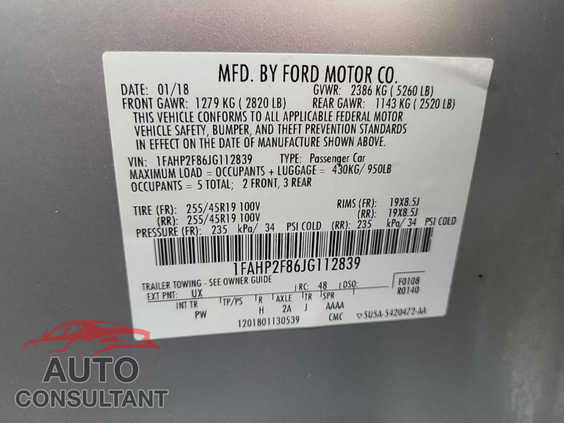 FORD TAURUS 2018 - 1FAHP2F86JG112839