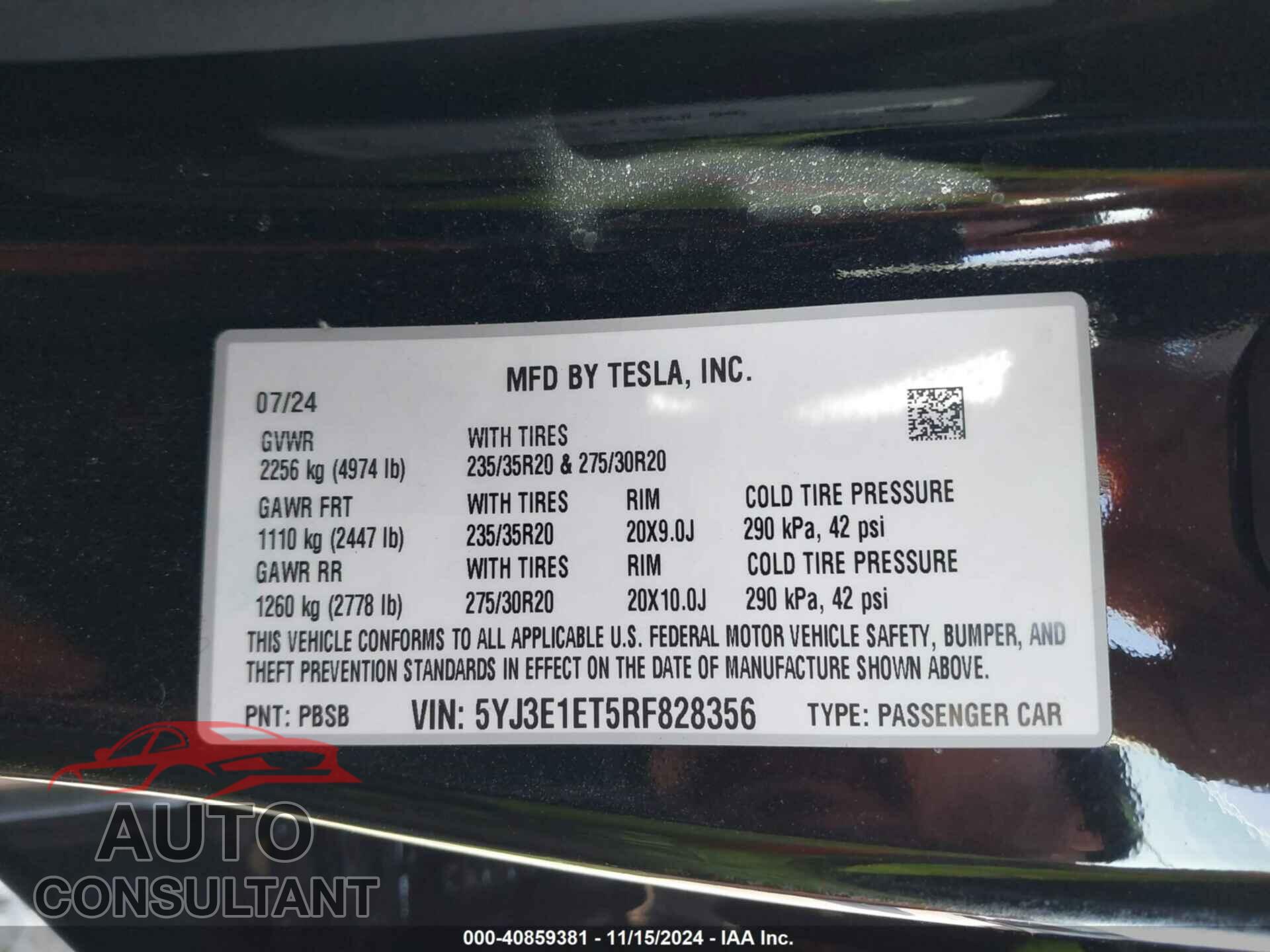 TESLA MODEL 3 2024 - 5YJ3E1ET5RF828356