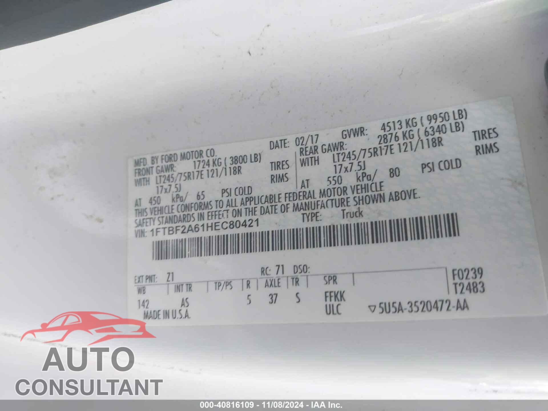 FORD F-250 2017 - 1FTBF2A61HEC80421