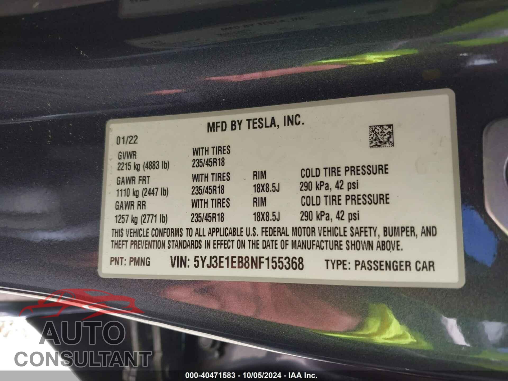 TESLA MODEL 3 2022 - 5YJ3E1EB8NF155368