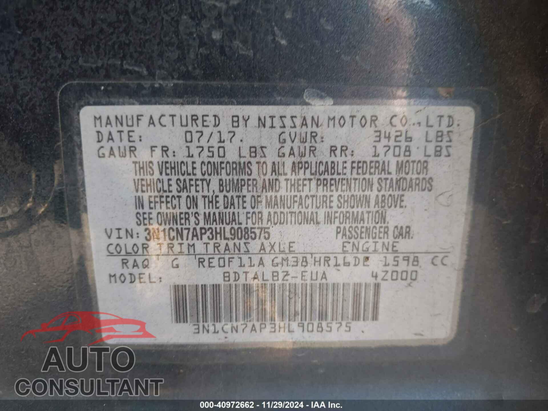 NISSAN VERSA 2017 - 3N1CN7AP3HL908575