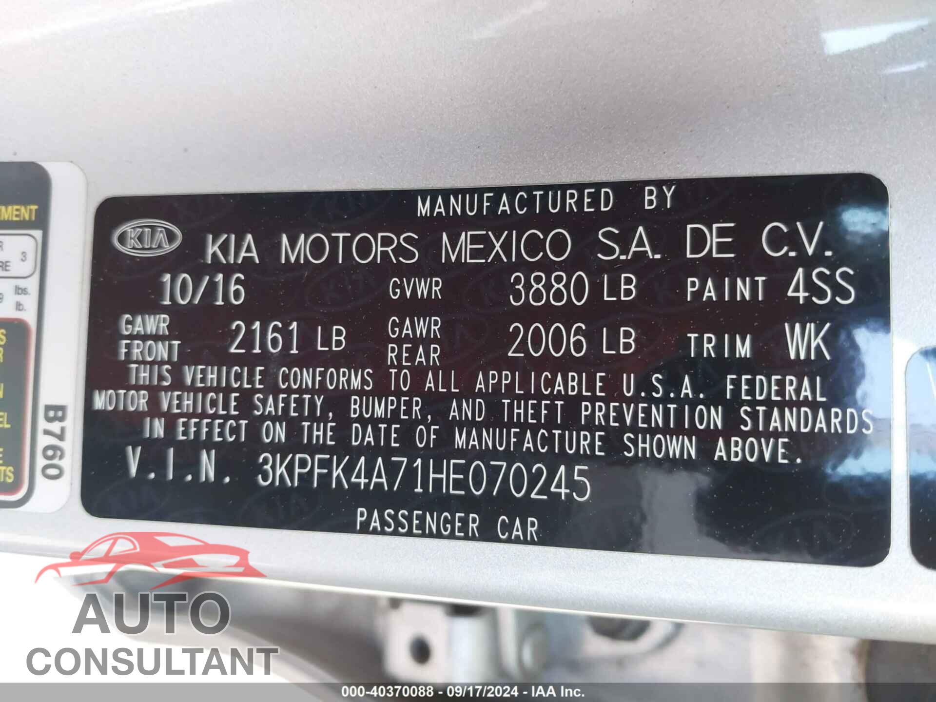 KIA FORTE 2017 - 3KPFK4A71HE070245