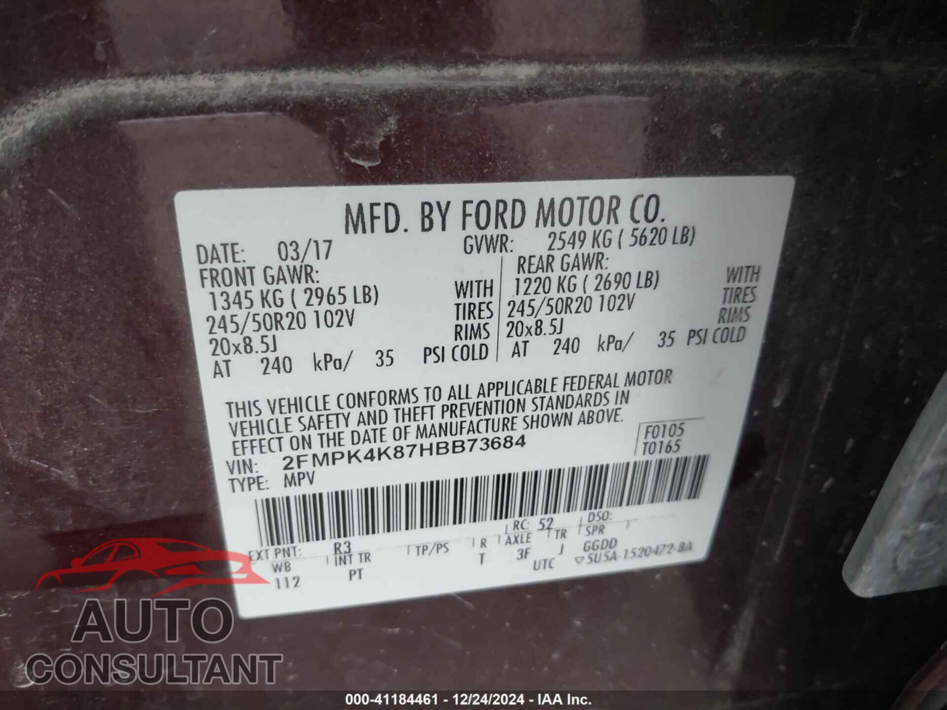 FORD EDGE 2017 - 2FMPK4K87HBB73684