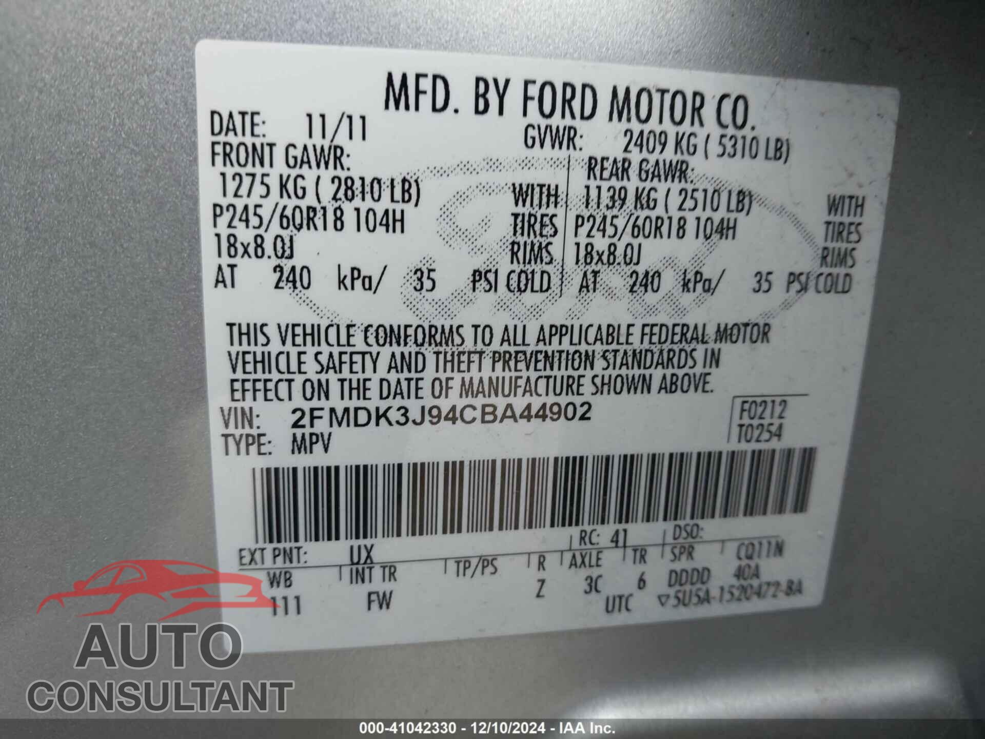 FORD EDGE 2012 - 2FMDK3J94CBA44902