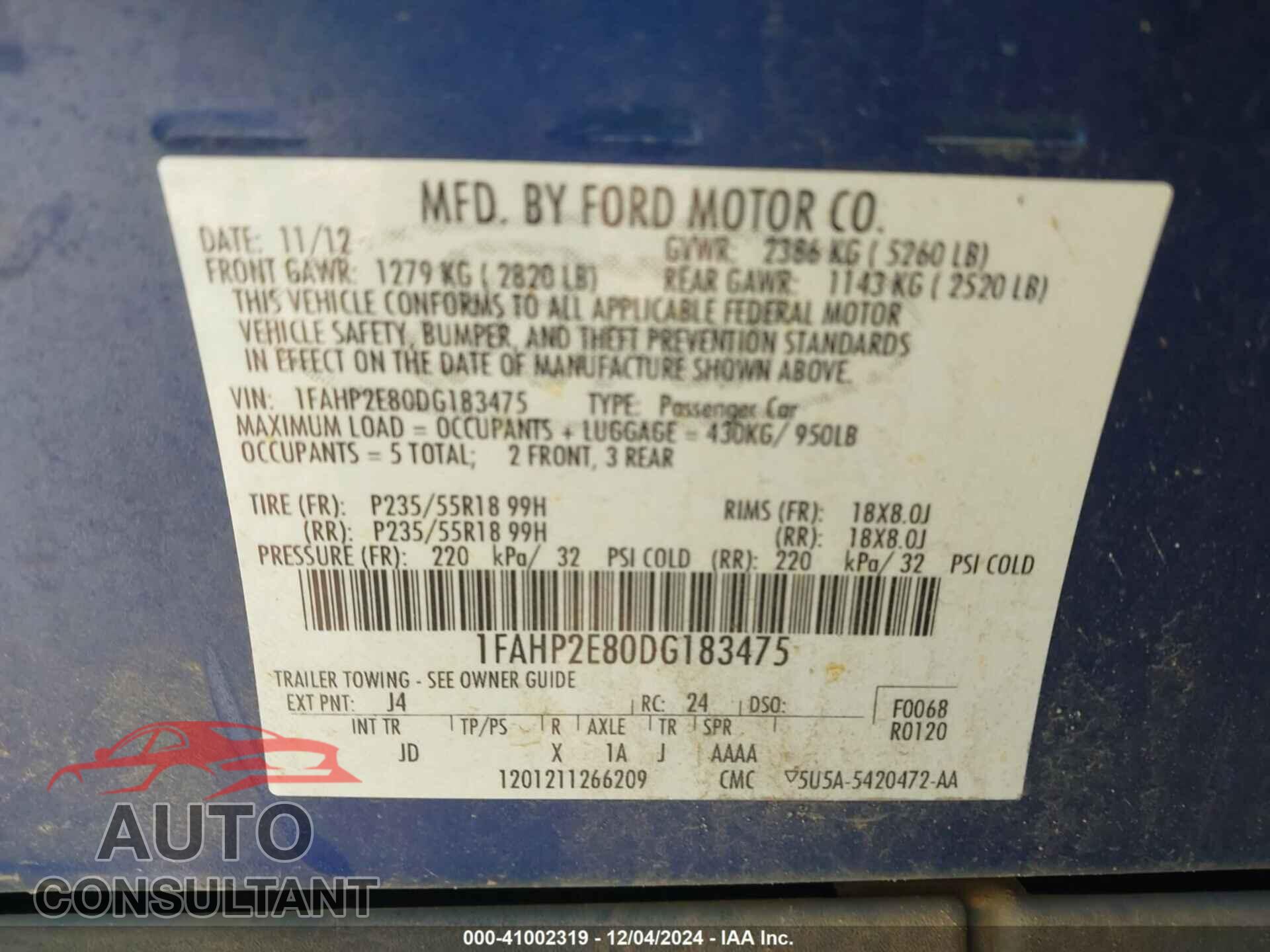 FORD TAURUS 2013 - 1FAHP2E80DG183475