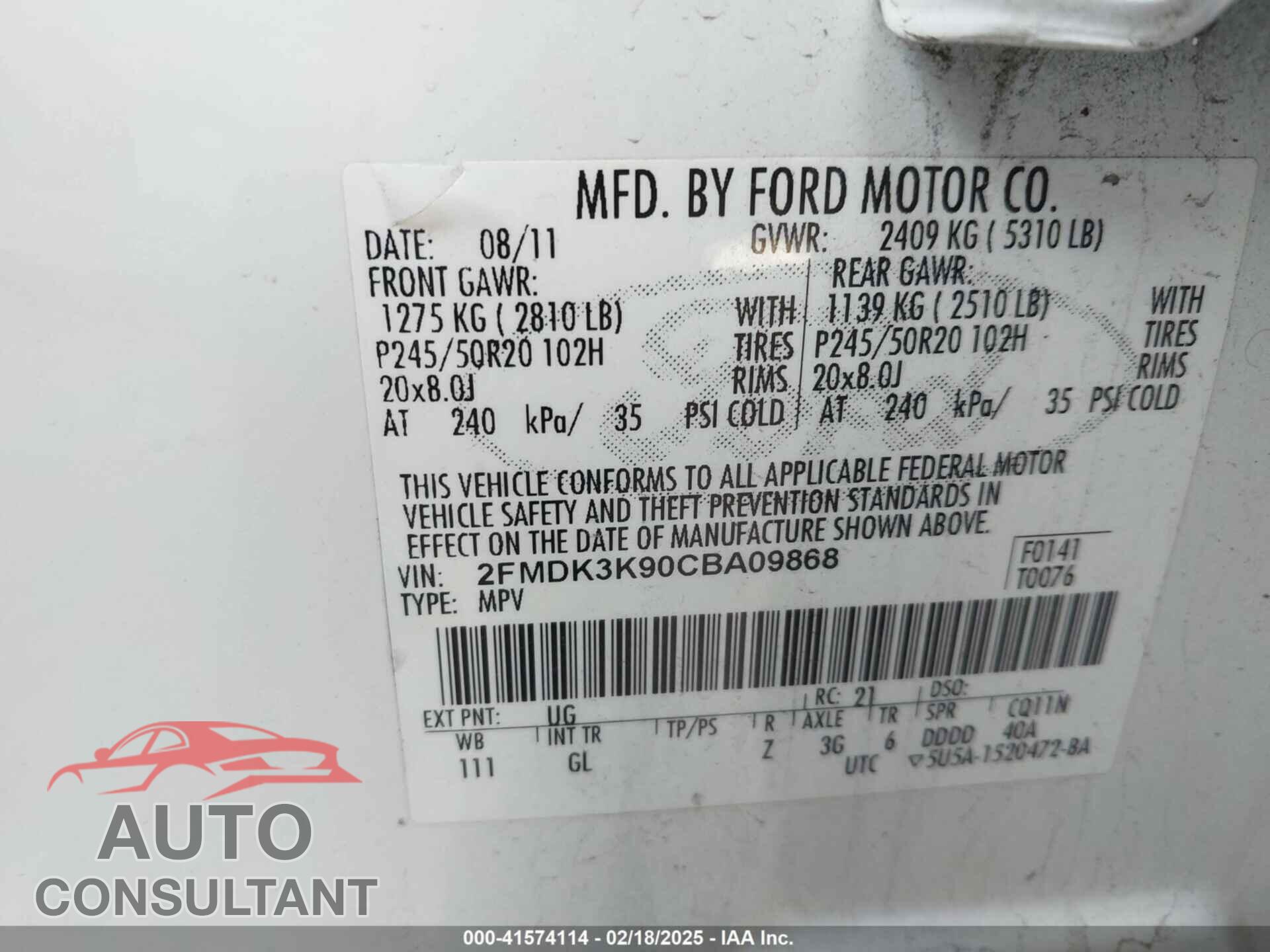 FORD EDGE 2012 - 2FMDK3K90CBA09868