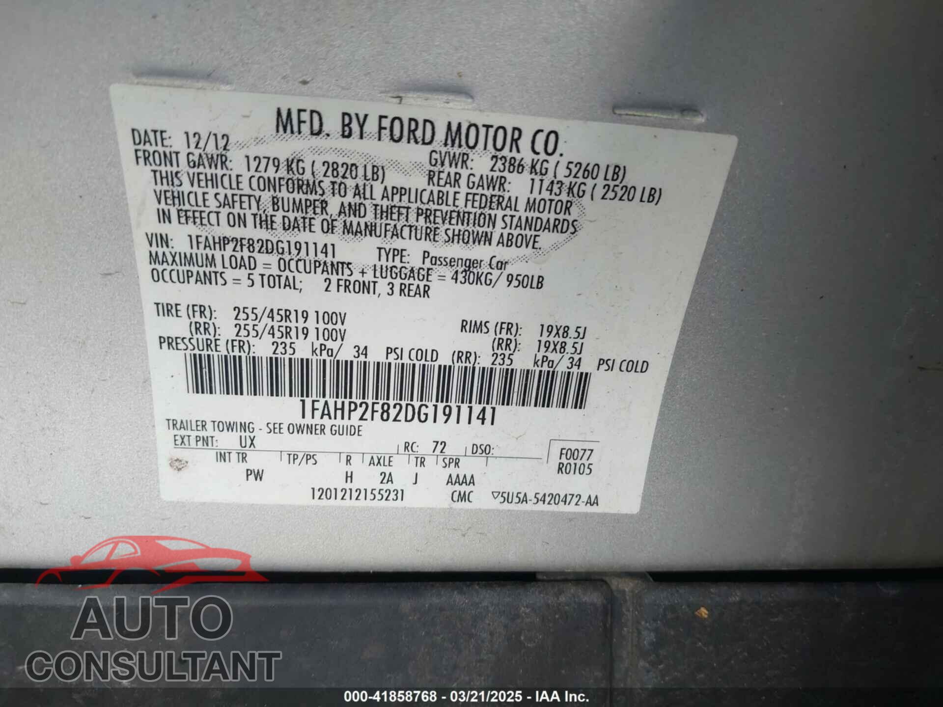 FORD TAURUS 2013 - 1FA8P2F82DG191141
