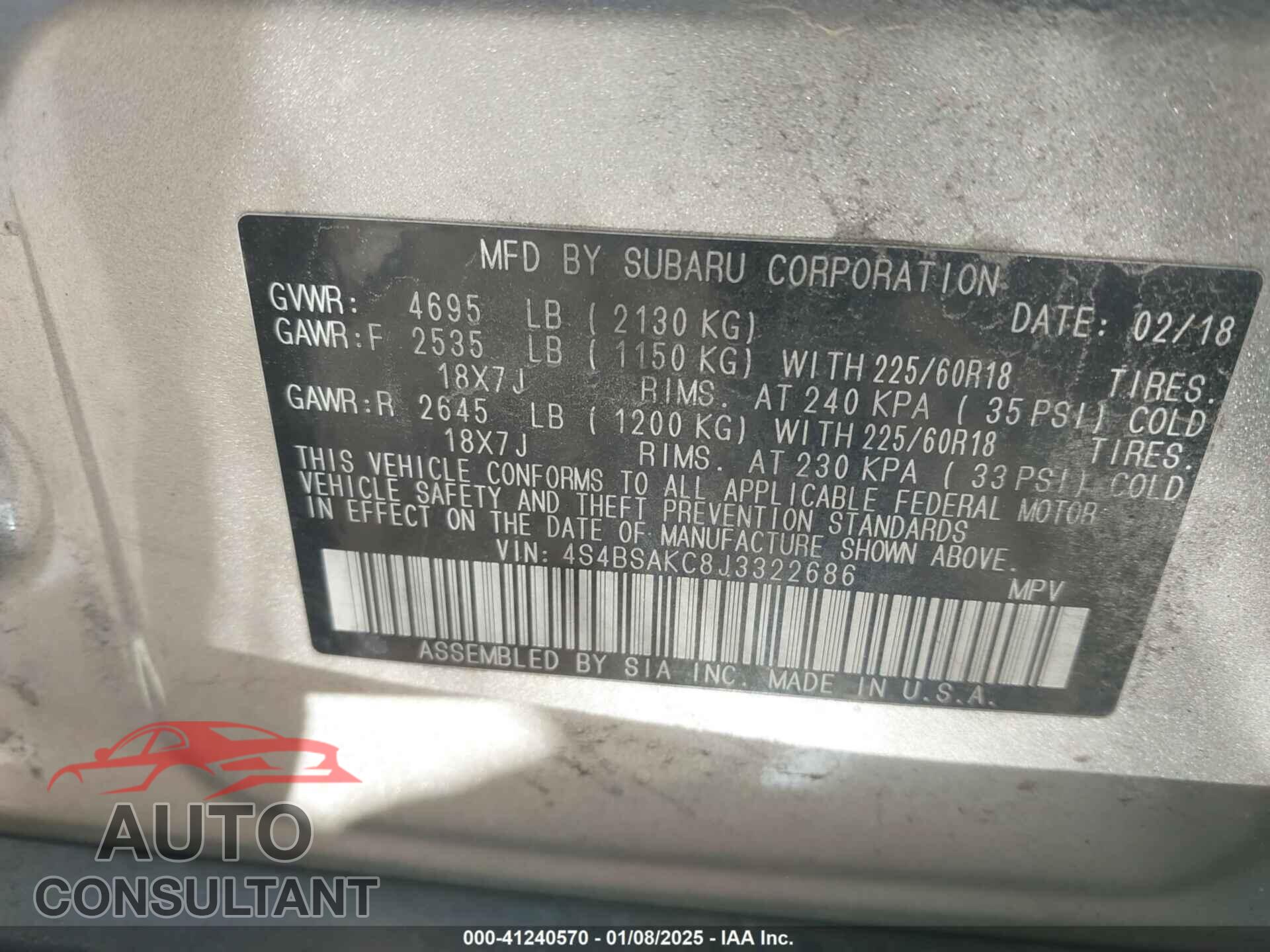 SUBARU OUTBACK 2018 - 4S4BSAKC8J3322686
