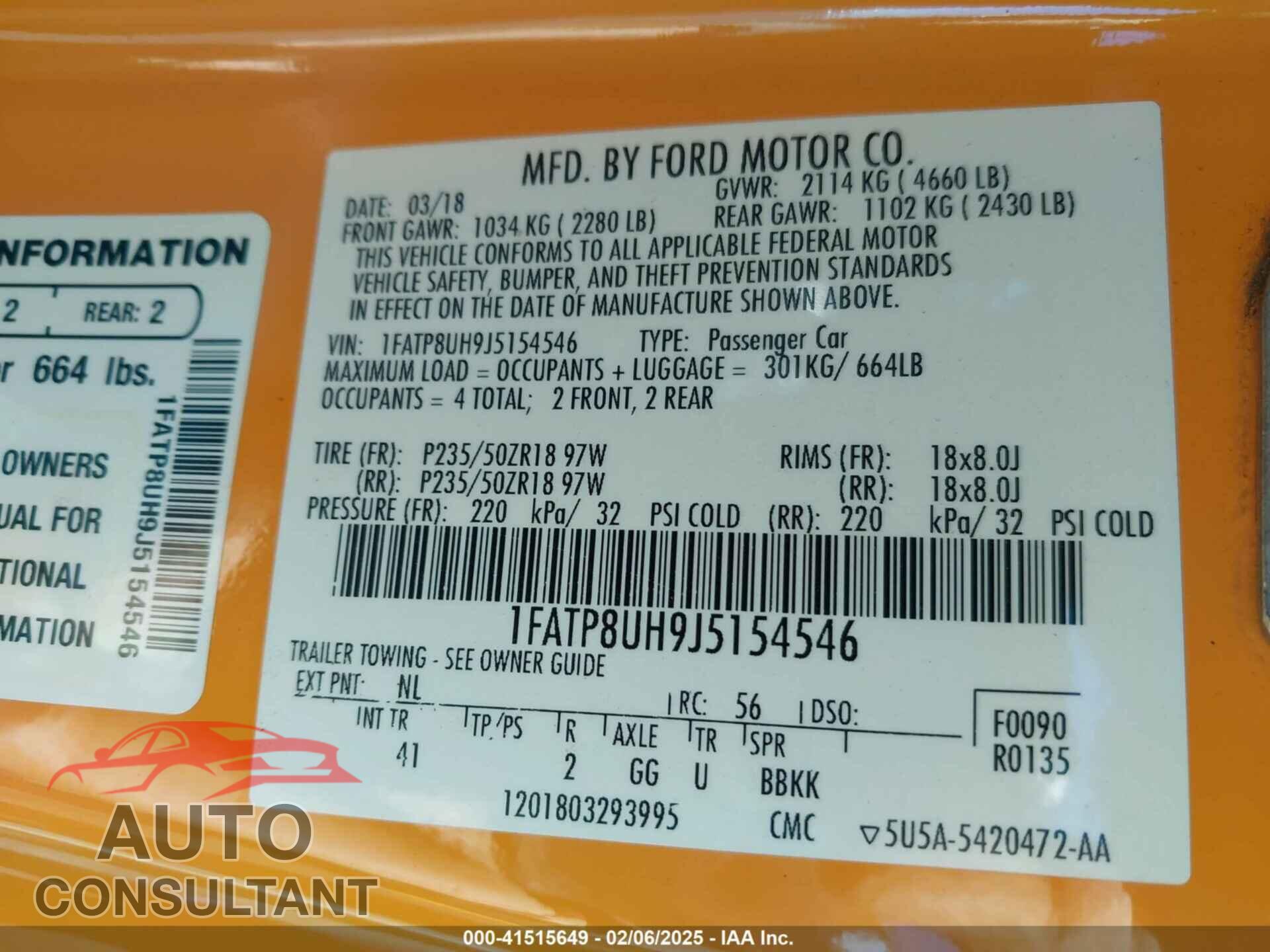 FORD MUSTANG 2018 - 1FATP8UH9J5154546