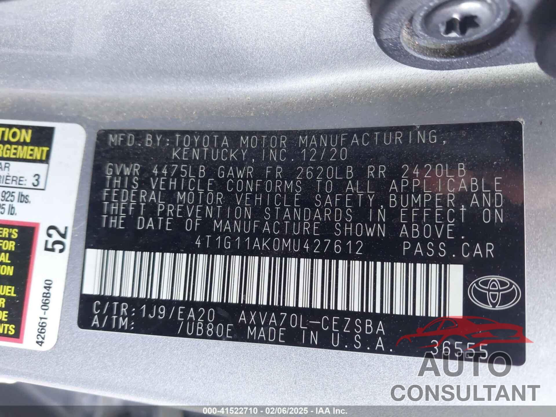 TOYOTA CAMRY 2021 - 4T1G11AK0MU427612