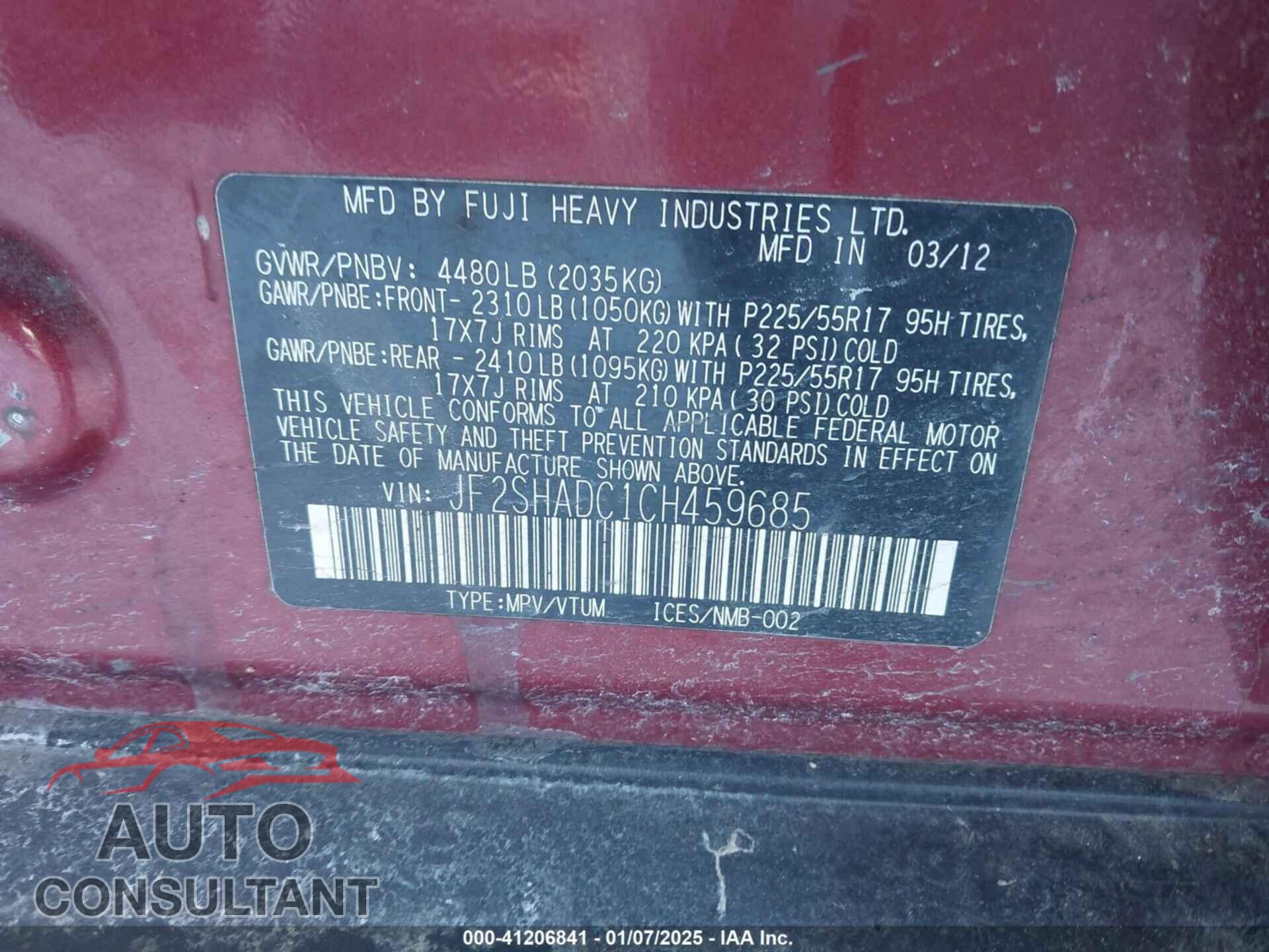 SUBARU FORESTER 2012 - JF2SHADC1CH459685