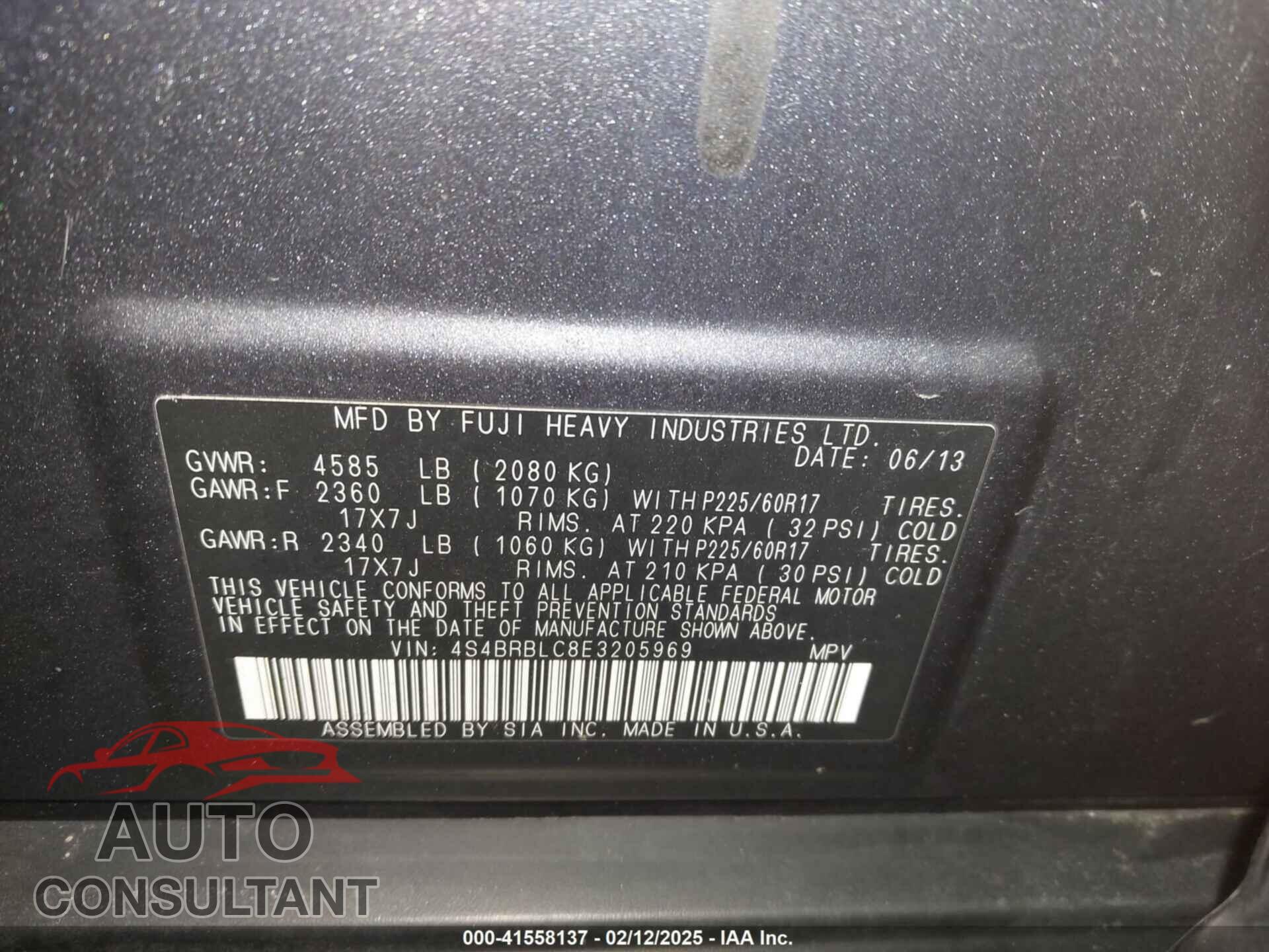 SUBARU OUTBACK 2014 - 4S4BRBLC8E3205969