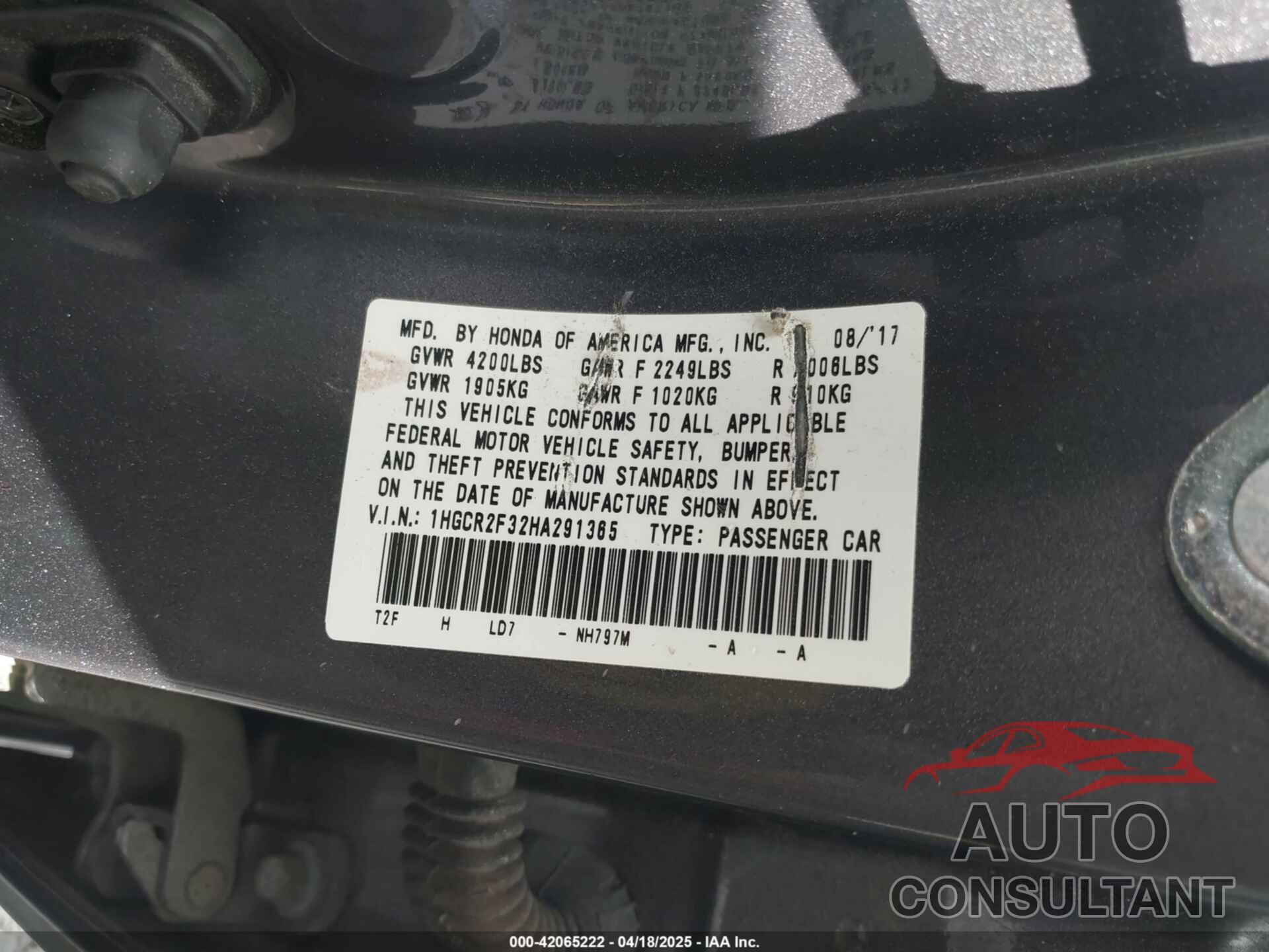 HONDA ACCORD 2017 - 1HGCR2F32HA291365