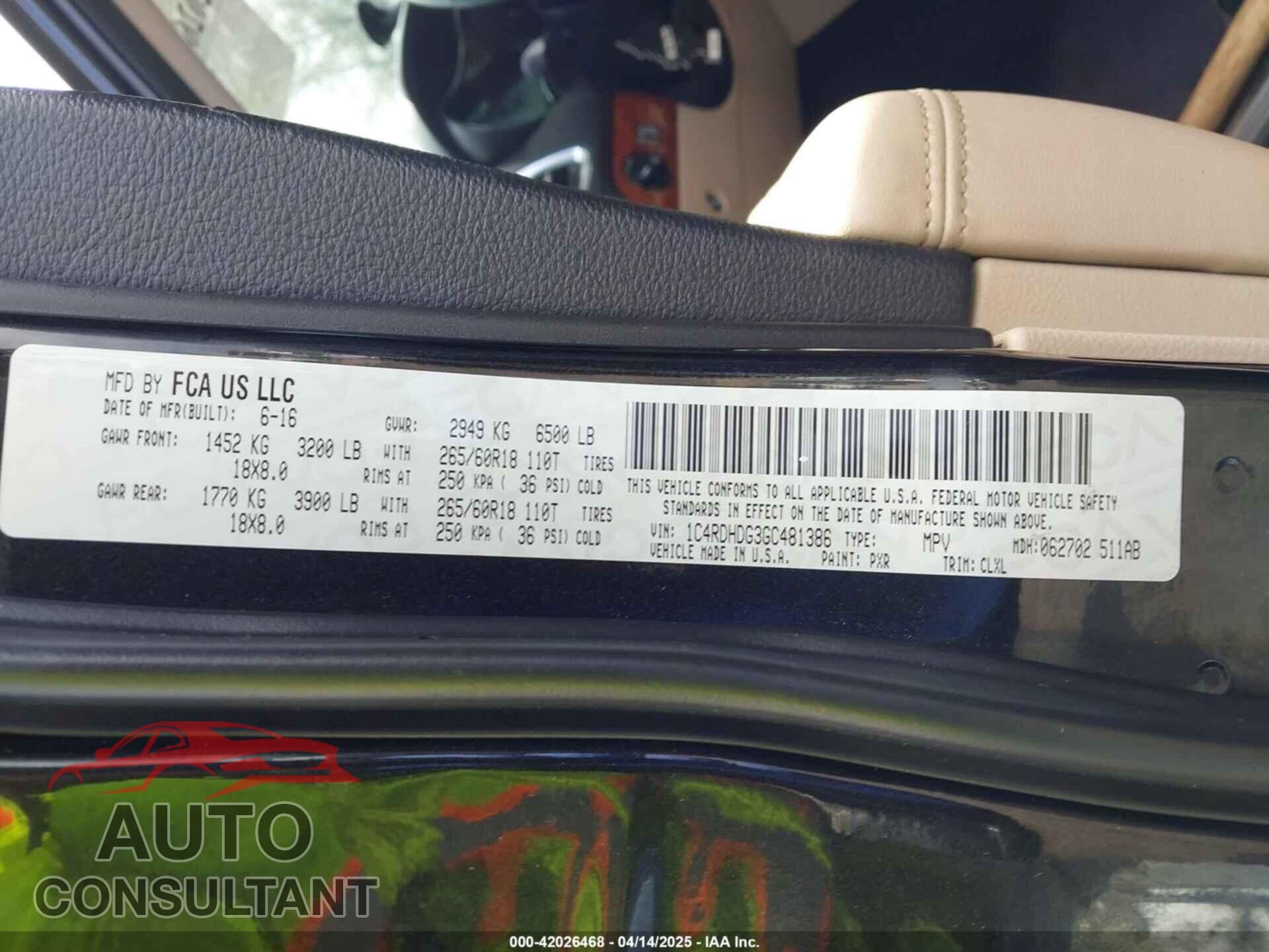 DODGE DURANGO 2016 - 1C4RDHDG3GC481386
