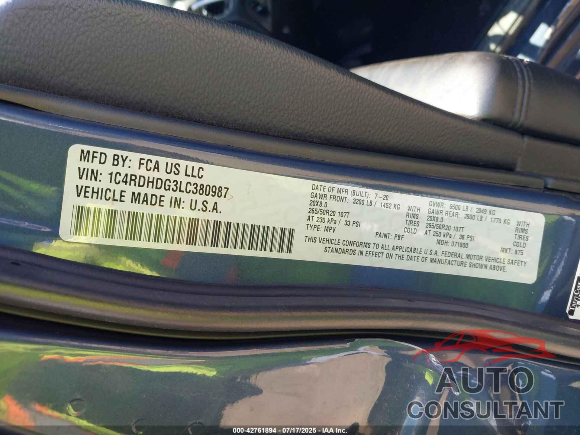 DODGE DURANGO 2020 - 1C4RDHDG3LC380987