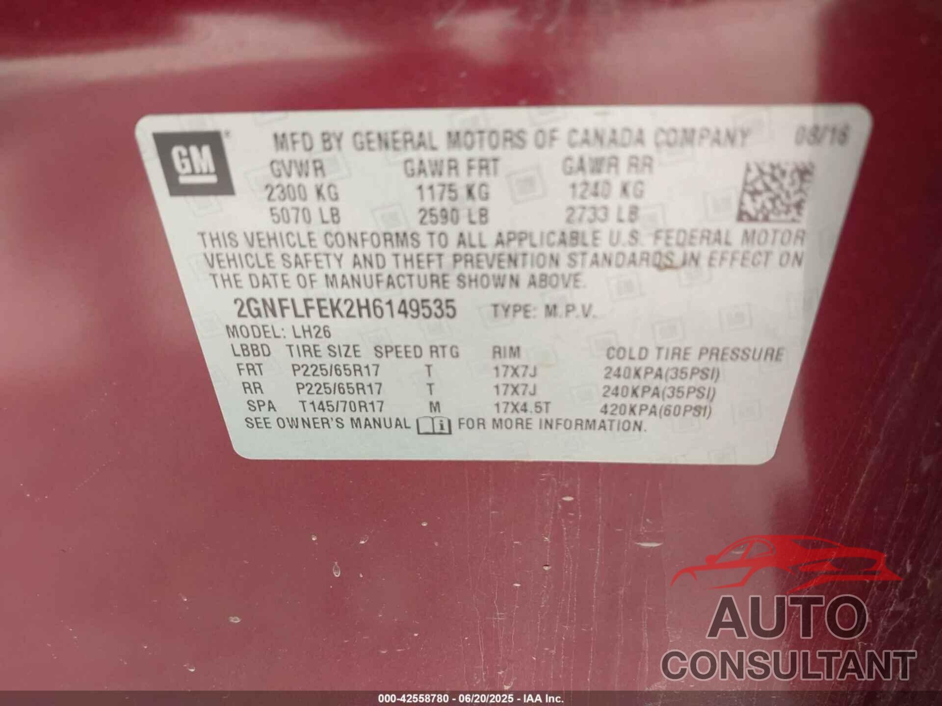 CHEVROLET EQUINOX 2017 - 2GNFLFEK2H6149535